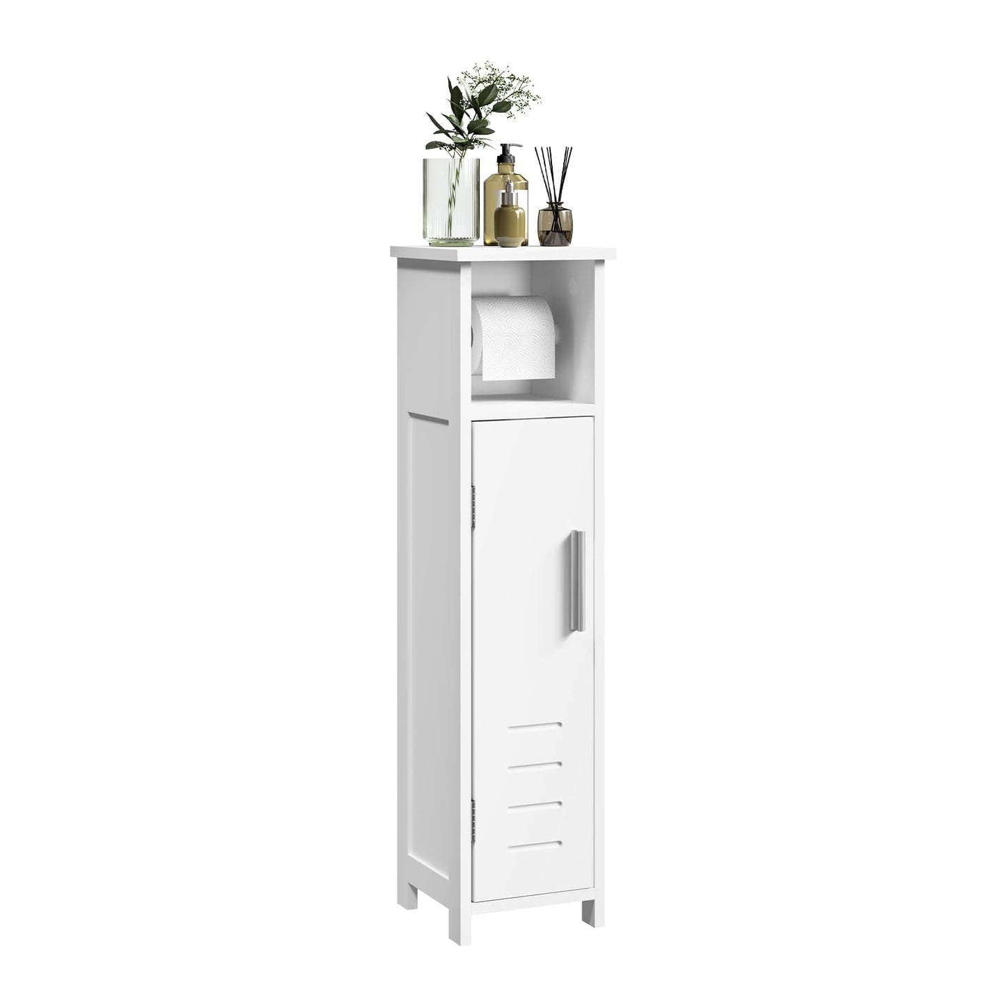 EUGAD 0229WY Toilettenschrank, Badezimmerschrank – schmal, weiß – verstellbares Regal und Toilettenpapierhalter