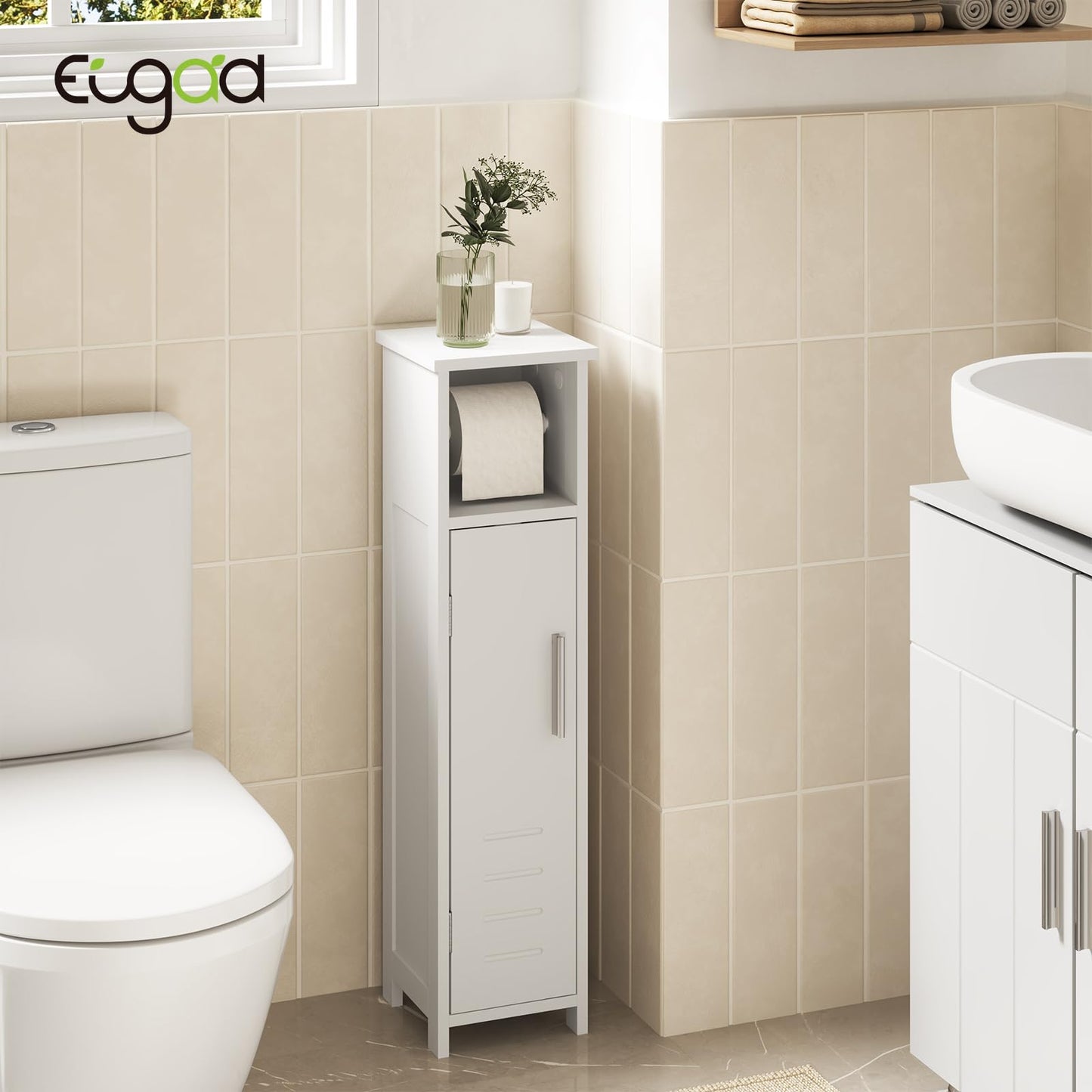 EUGAD 0229WY Toilettenschrank, Badezimmerschrank – schmal, weiß – verstellbares Regal und Toilettenpapierhalter