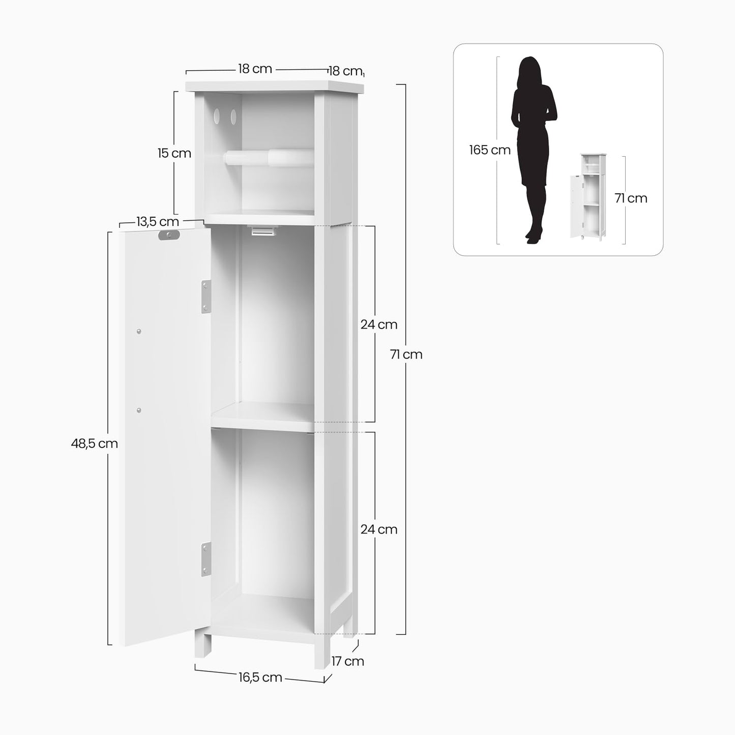 EUGAD 0229WY Toilettenschrank, Badezimmerschrank – schmal, weiß – verstellbares Regal und Toilettenpapierhalter