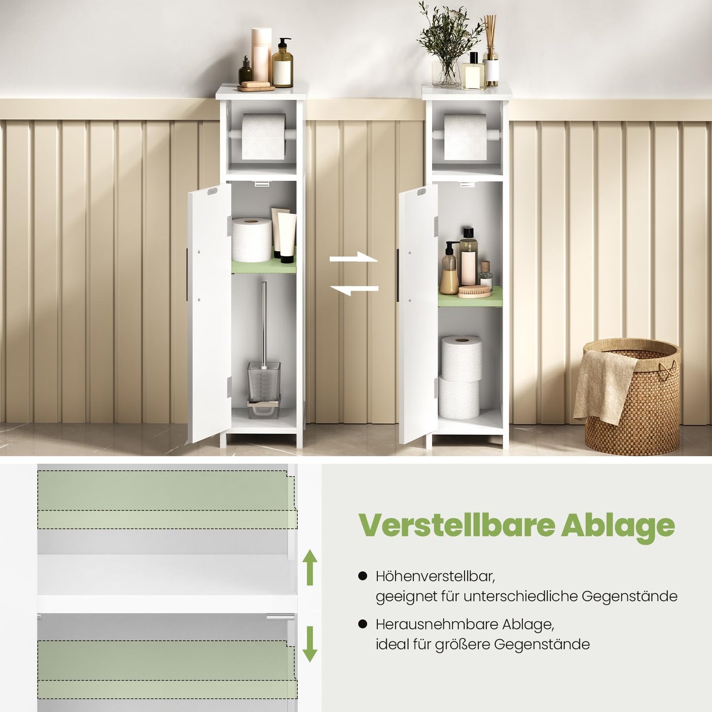 EUGAD 0229WY Toilettenschrank, Badezimmerschrank – schmal, weiß – verstellbares Regal und Toilettenpapierhalter
