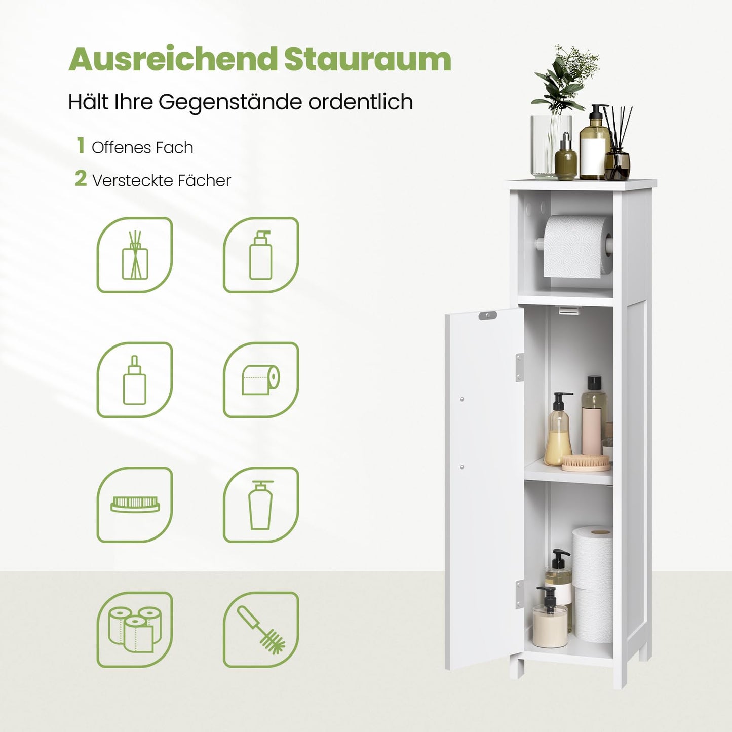 EUGAD 0229WY Toilettenschrank, Badezimmerschrank – schmal, weiß – verstellbares Regal und Toilettenpapierhalter
