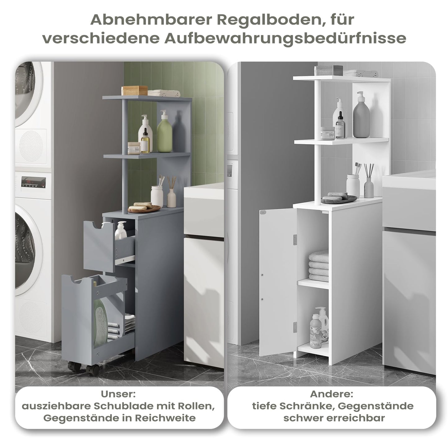 EUGAD schmaler Badezimmerschrank – Einbauschrank mit Schublade auf Führungen und offenen Fächern – multifunktionaler Aufbewahrungsschrank in Hellgrau