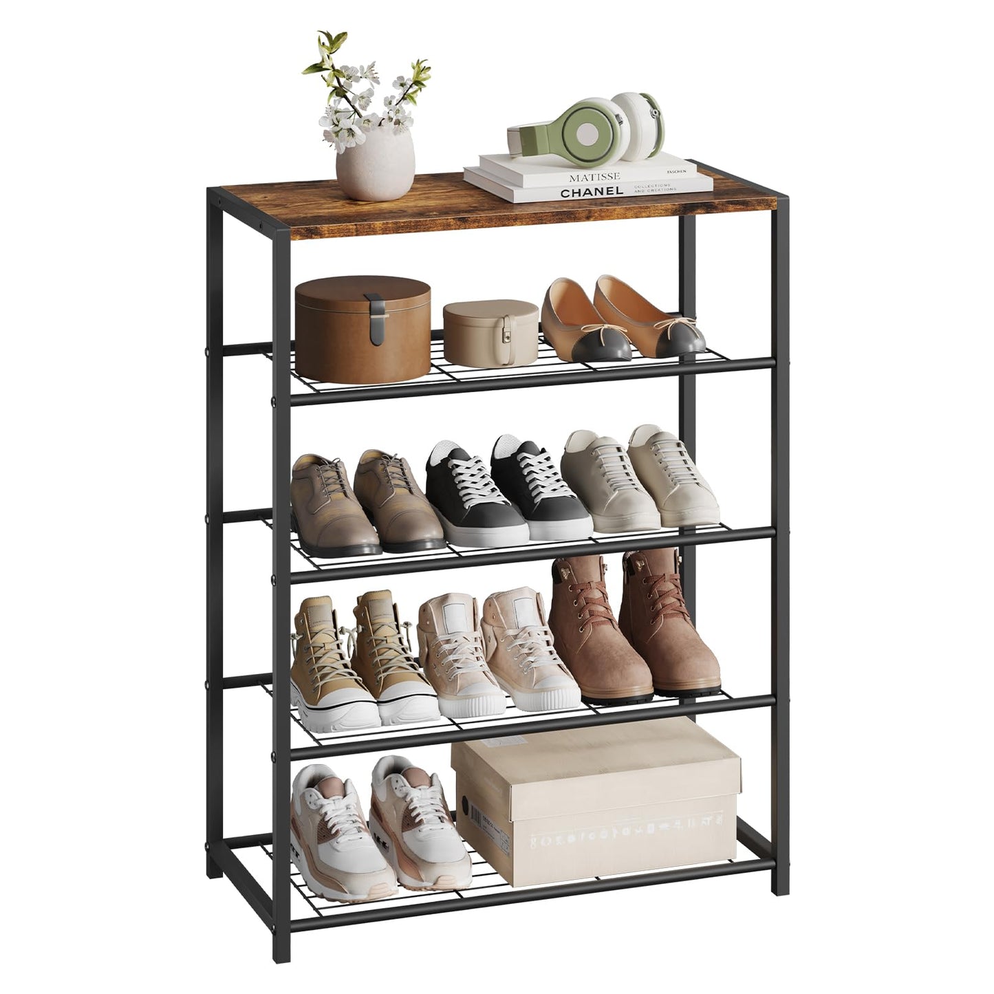 WOLTU – Schuhbank – Schuhregal mit Sitzfläche – 4 Einlegeböden – Holz und Metall – für ca. 12 Paar Schuhe