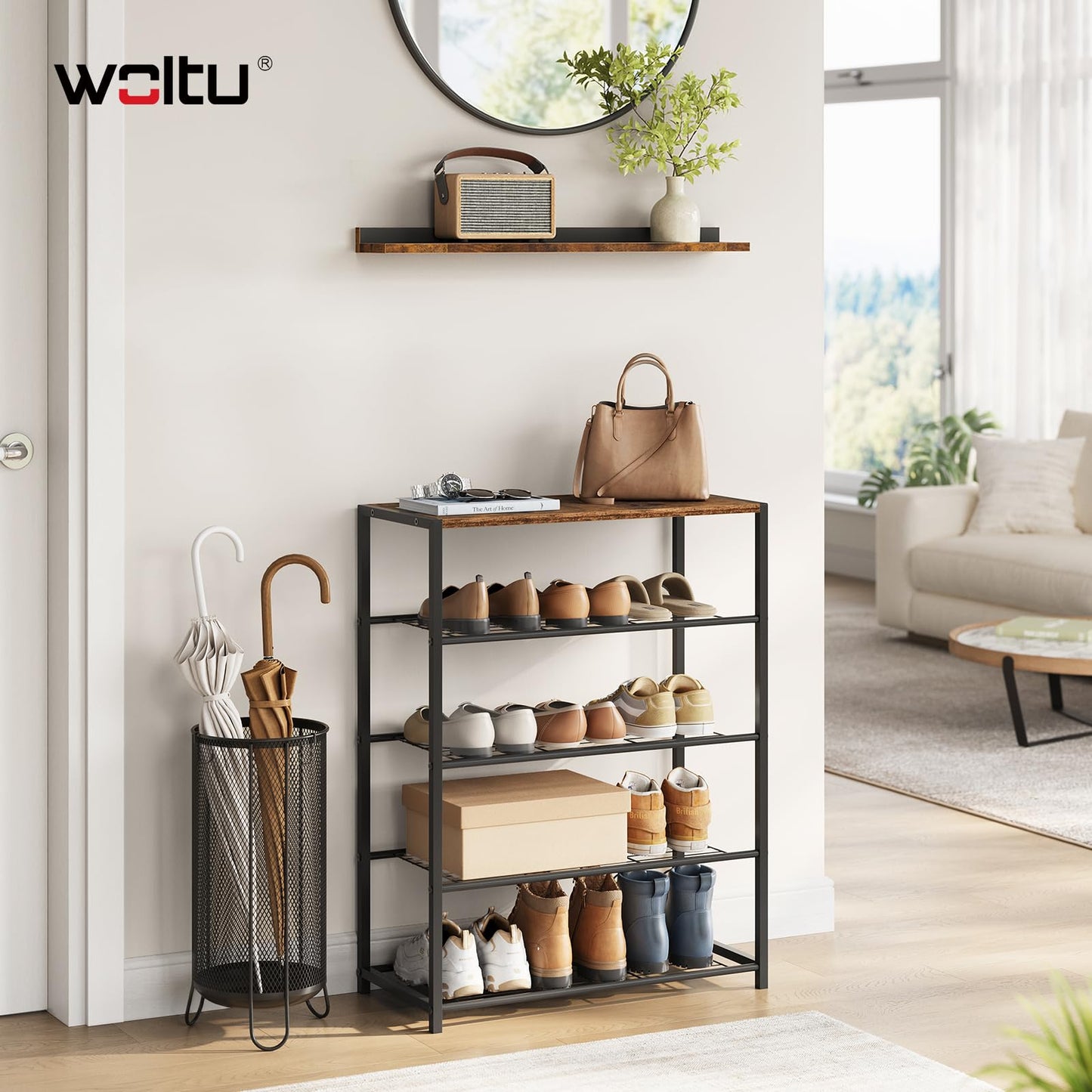 WOLTU – Schuhbank – Schuhregal mit Sitzfläche – 4 Einlegeböden – Holz und Metall – für ca. 12 Paar Schuhe