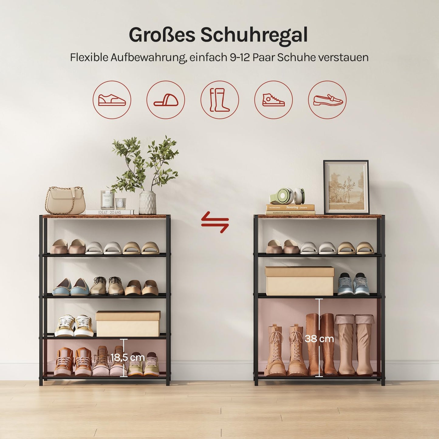 WOLTU – Schuhbank – Schuhregal mit Sitzfläche – 4 Einlegeböden – Holz und Metall – für ca. 12 Paar Schuhe