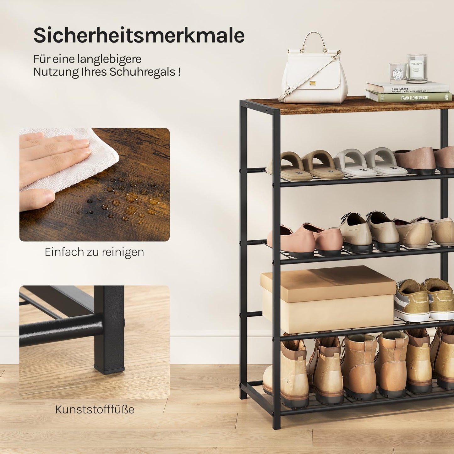 WOLTU – Schuhbank – Schuhregal mit Sitzfläche – 4 Einlegeböden – Holz und Metall – für ca. 12 Paar Schuhe