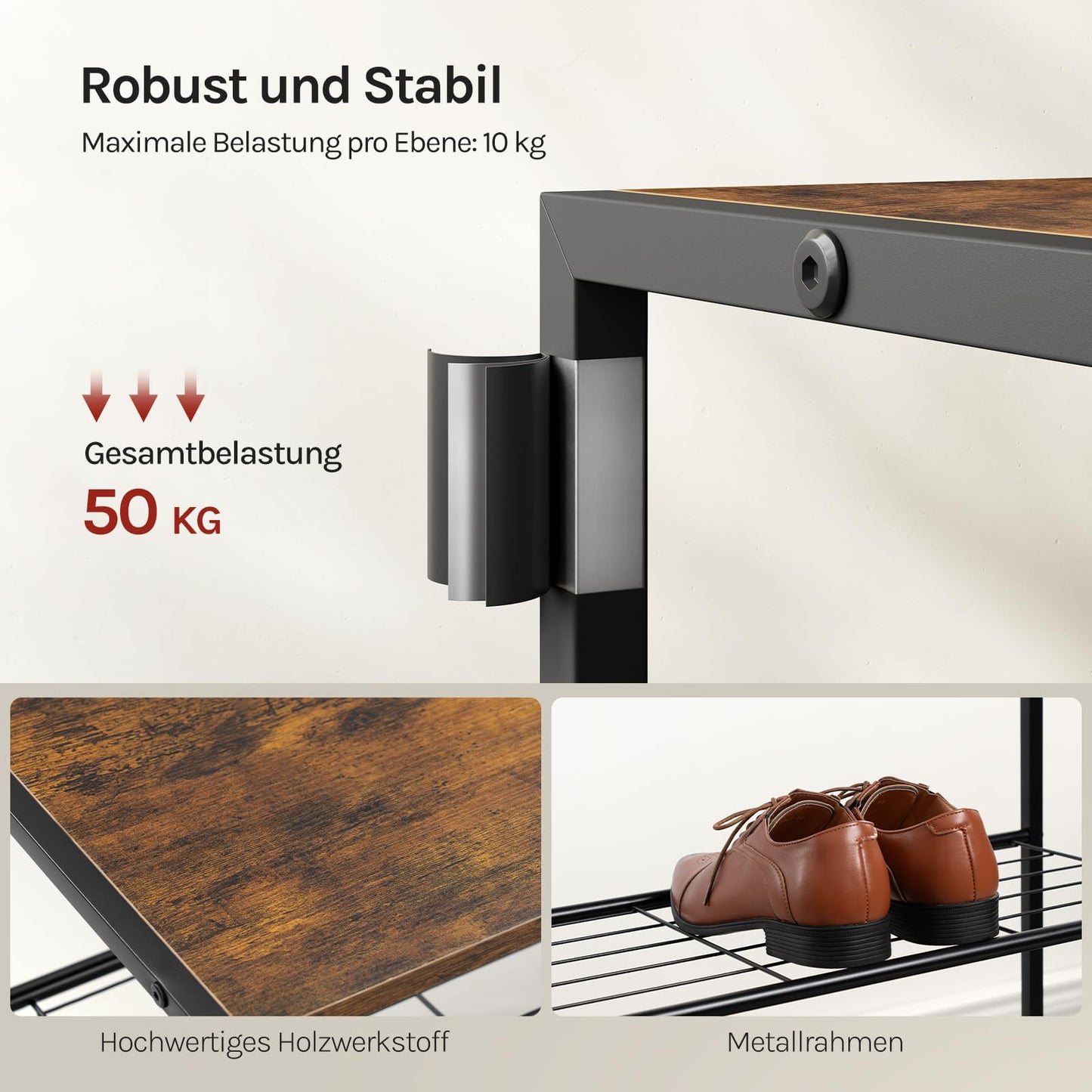 WOLTU – Schuhbank – Schuhregal mit Sitzfläche – 4 Einlegeböden – Holz und Metall – für ca. 12 Paar Schuhe