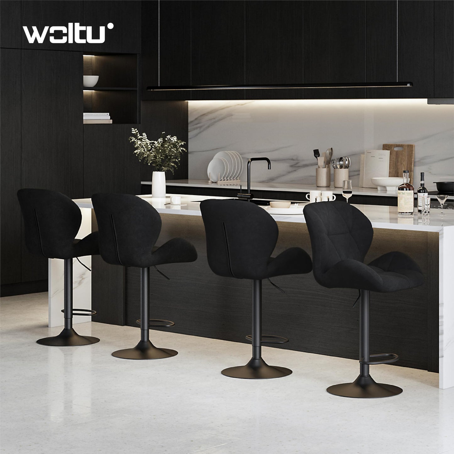 Woltu Barhocker – Rückenlehne – Verstellbar – Drehbar – Samt – Metall – Schwarz