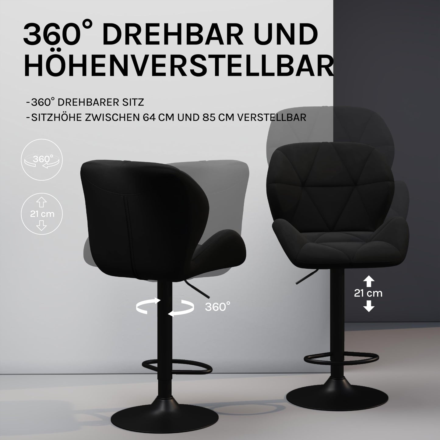 Woltu Barhocker – Rückenlehne – Verstellbar – Drehbar – Samt – Metall – Schwarz