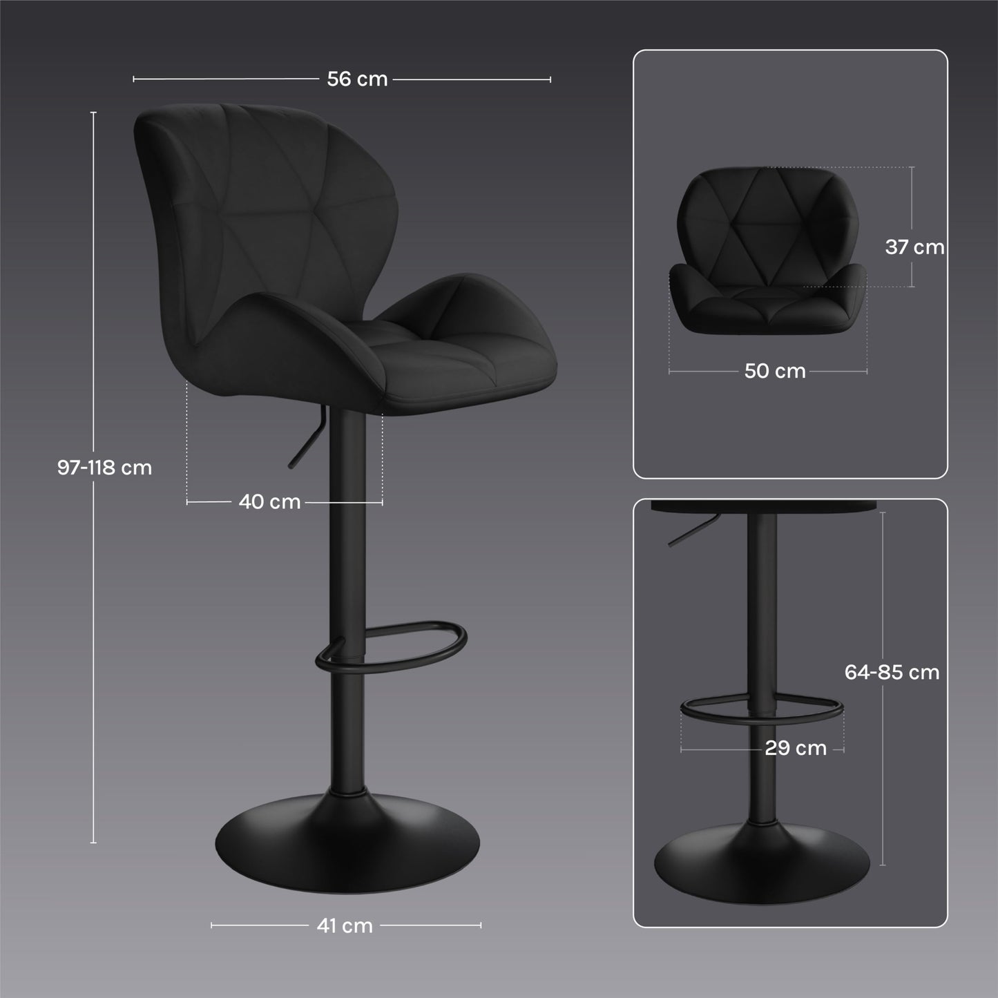 Woltu Barhocker – Rückenlehne – Verstellbar – Drehbar – Samt – Metall – Schwarz