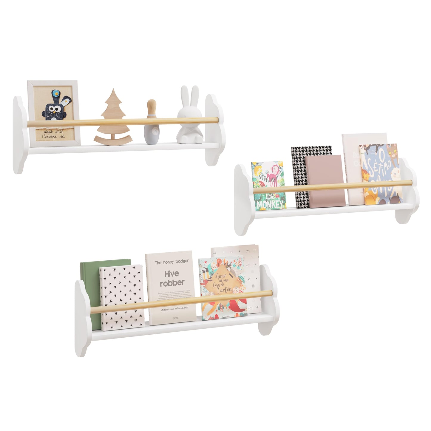 Woltu Wandbücherschrank – Wolk-Serie – 3-teilig – Für Kinder – MDF und Kiefer – Weiß