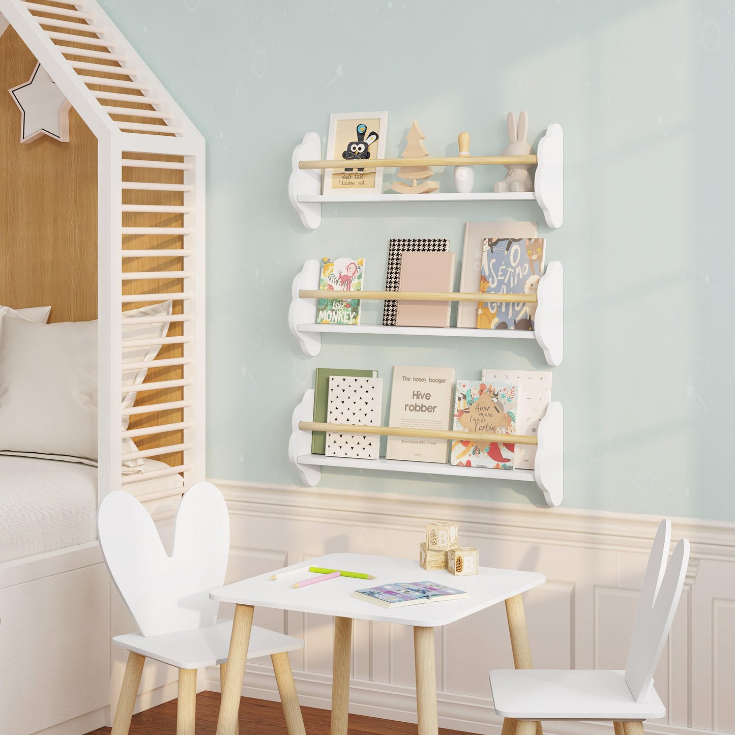 Woltu Wandbücherschrank – Wolk-Serie – 3-teilig – Für Kinder – MDF und Kiefer – Weiß
