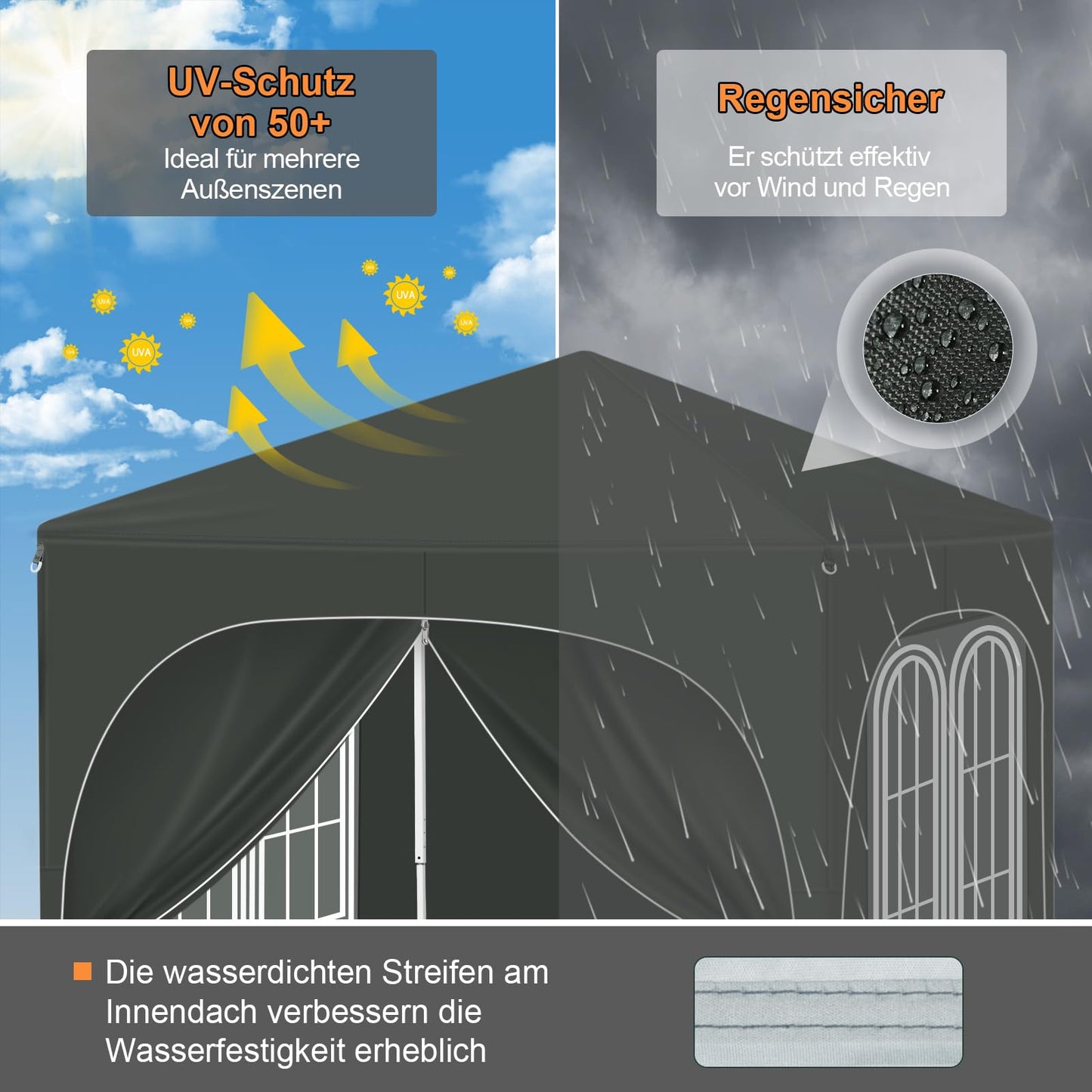 WOLTU Faltpavillon – 2 x 2 m – mit 4 abnehmbaren Wänden – Sonnenschutz UPF 50+ – grau