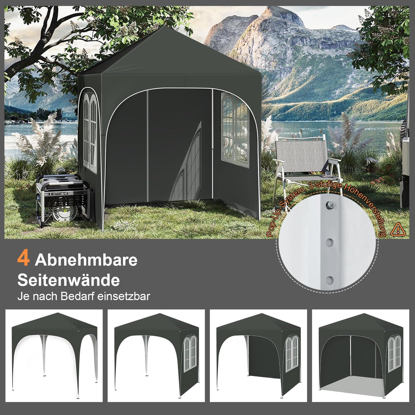 WOLTU Faltpavillon – 2 x 2 m – mit 4 abnehmbaren Wänden – Sonnenschutz UPF 50+ – grau