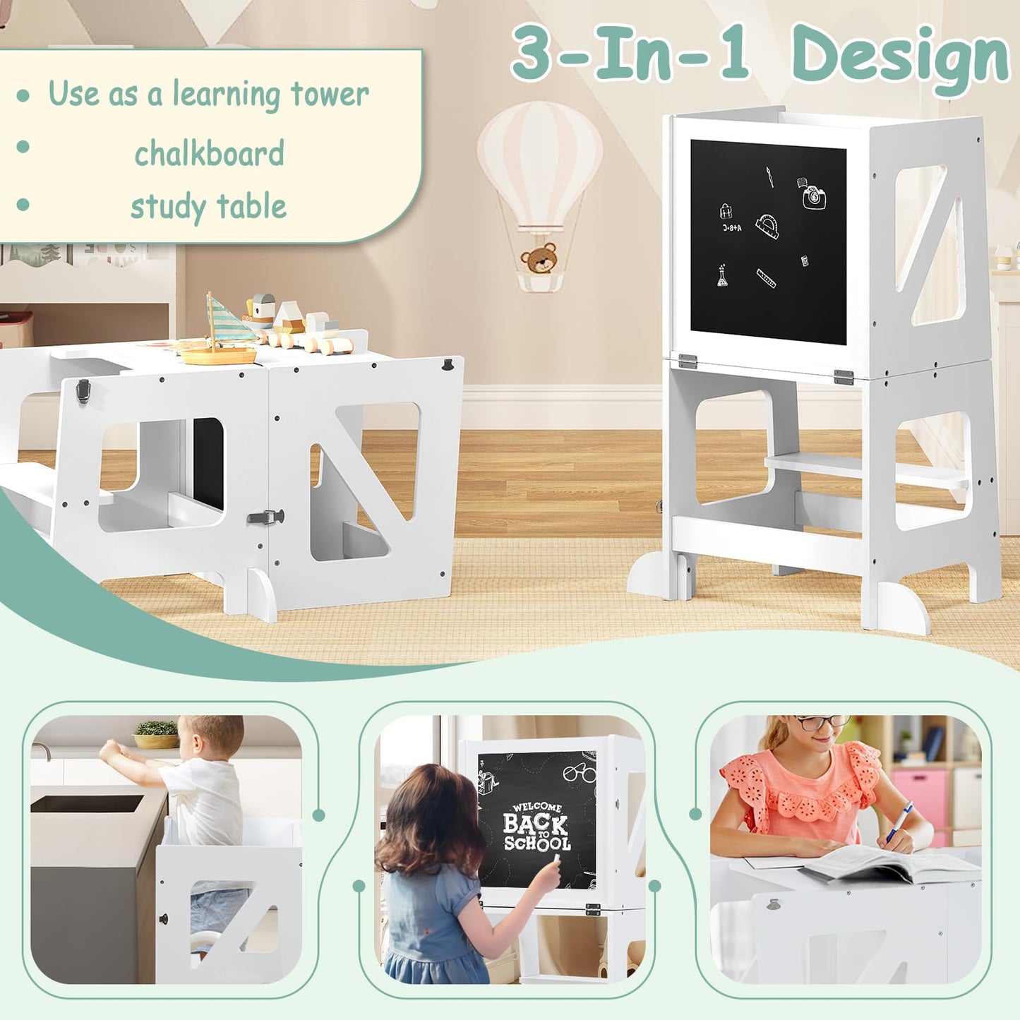 Woltu Learning Tower – 3-in-1 – Zusammenklappbar – 35 x 86 x 45 cm – Weiß