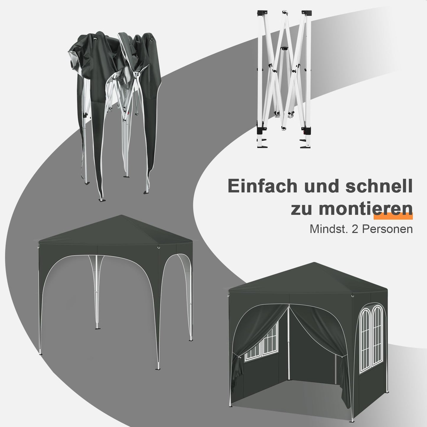 WOLTU Faltpavillon – 2 x 2 m – mit 4 abnehmbaren Wänden – Sonnenschutz UPF 50+ – grau