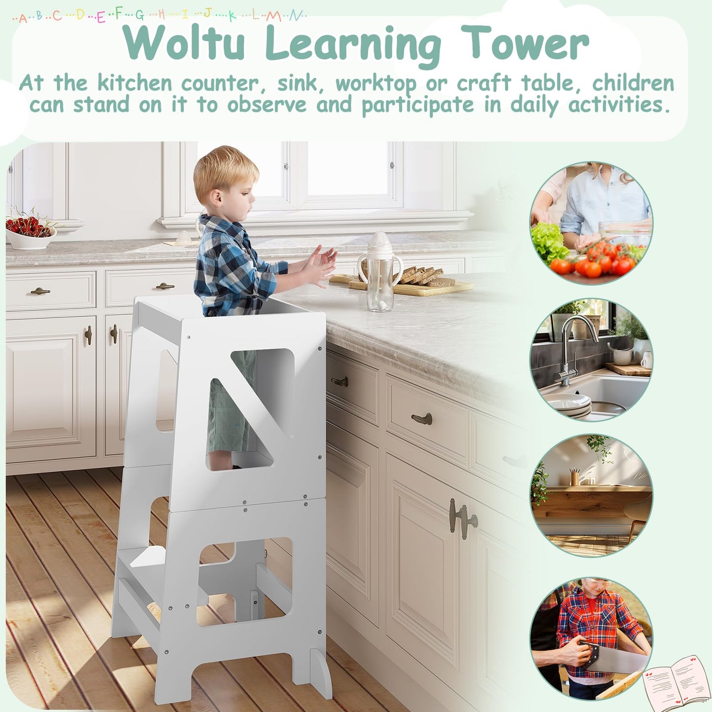 Woltu Learning Tower – 3-in-1 – Zusammenklappbar – 35 x 86 x 45 cm – Weiß