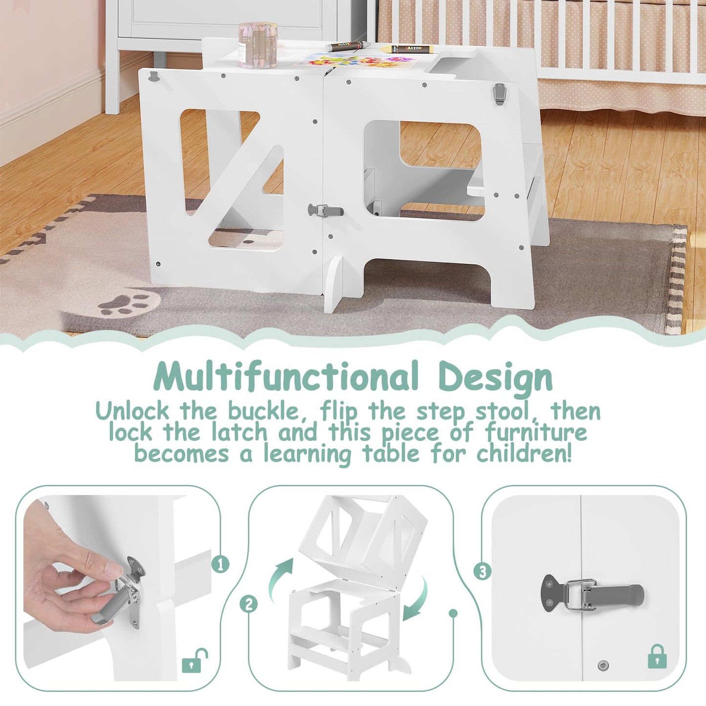 Woltu Learning Tower – 3-in-1 – Zusammenklappbar – 35 x 86 x 45 cm – Weiß