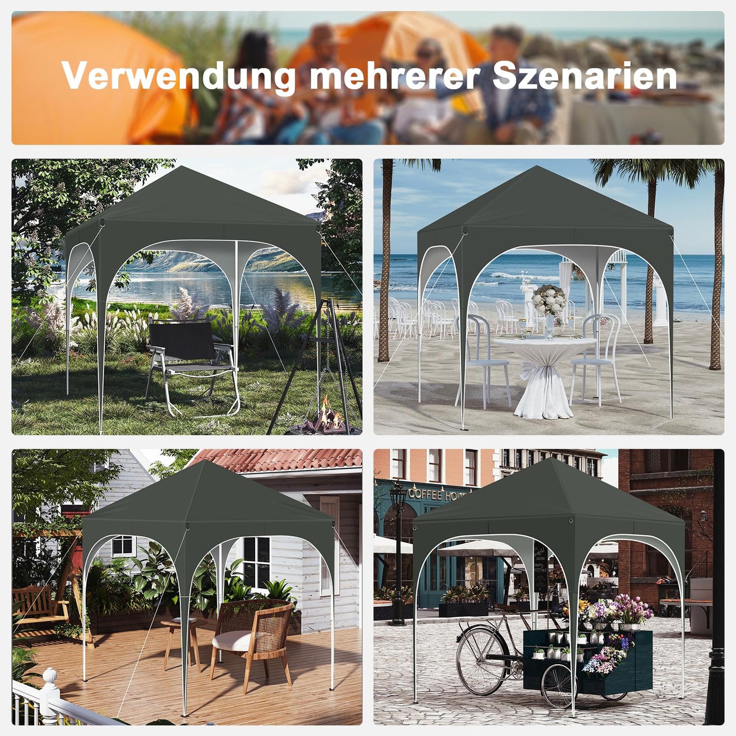 WOLTU Faltpavillon – 2 x 2 m – mit 4 abnehmbaren Wänden – Sonnenschutz UPF 50+ – grau