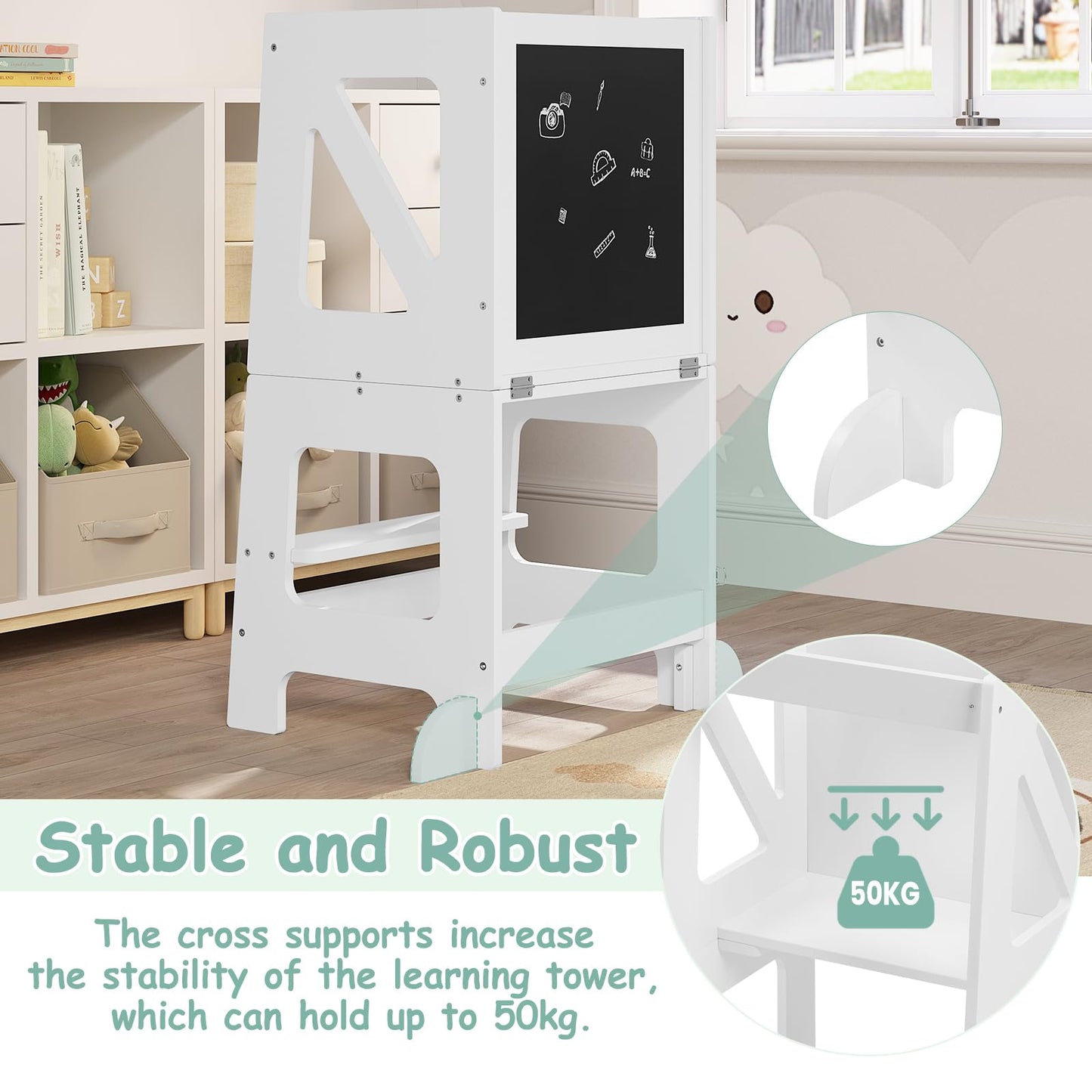 Woltu Learning Tower – 3-in-1 – Zusammenklappbar – 35 x 86 x 45 cm – Weiß