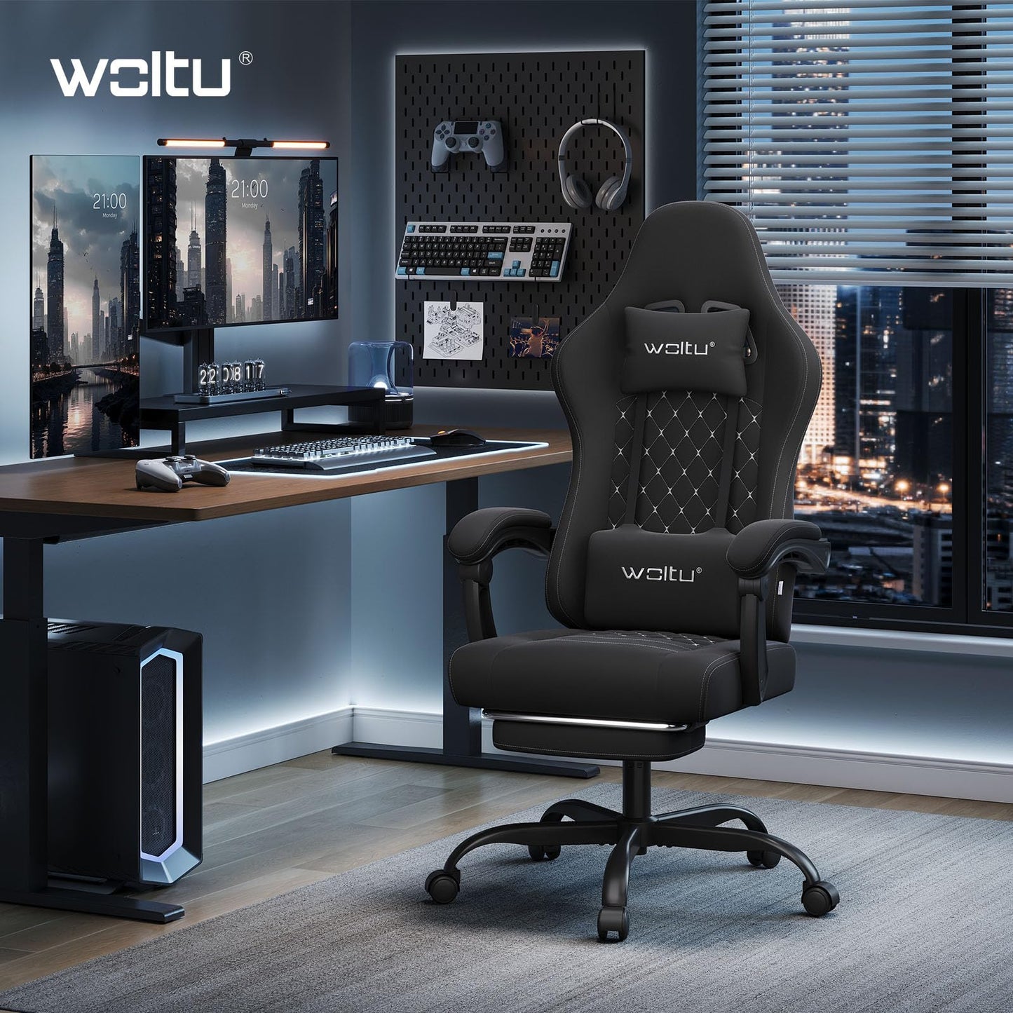 Woltu Gaming-Stuhl – Ergonomisch – Massagefunktion – Fußstütze – 150 kg – Schwarz/Weiß