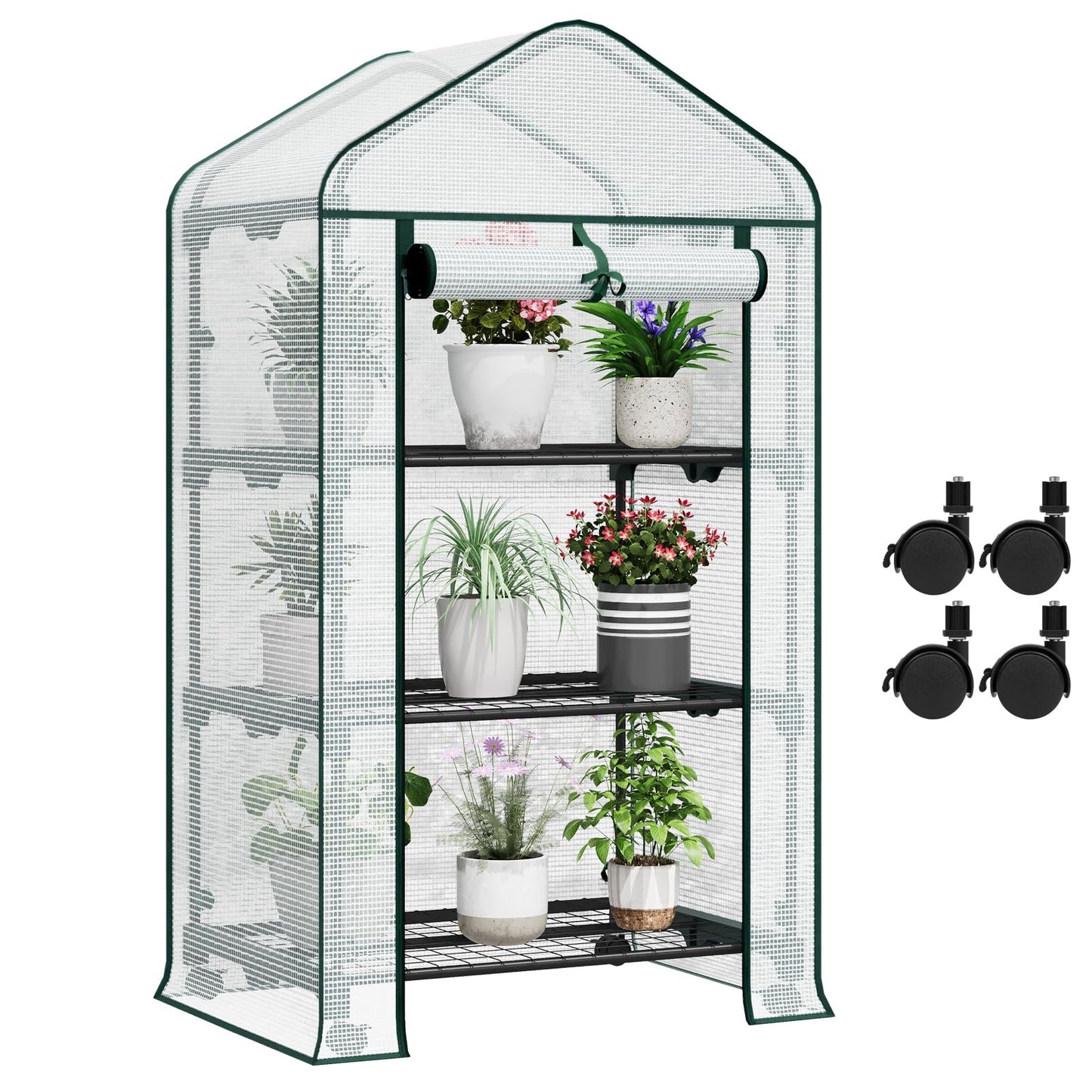 Woltu Foliengewächshaus – auf Rädern – 3 Ablagen – 70 x 50 x 131 cm – halbtransparent, weiß