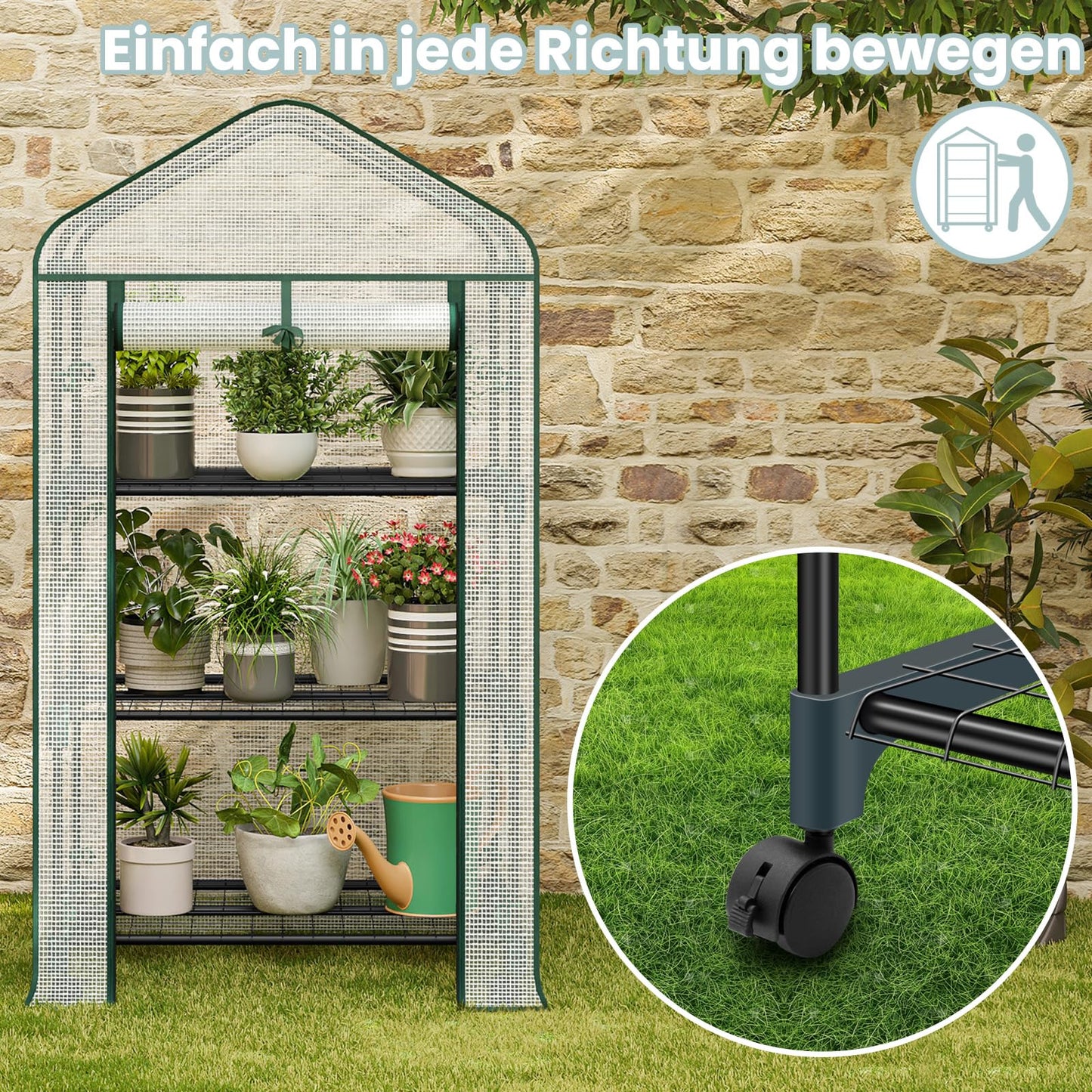 Woltu Foliengewächshaus – auf Rädern – 3 Ablagen – 70 x 50 x 131 cm – halbtransparent, weiß