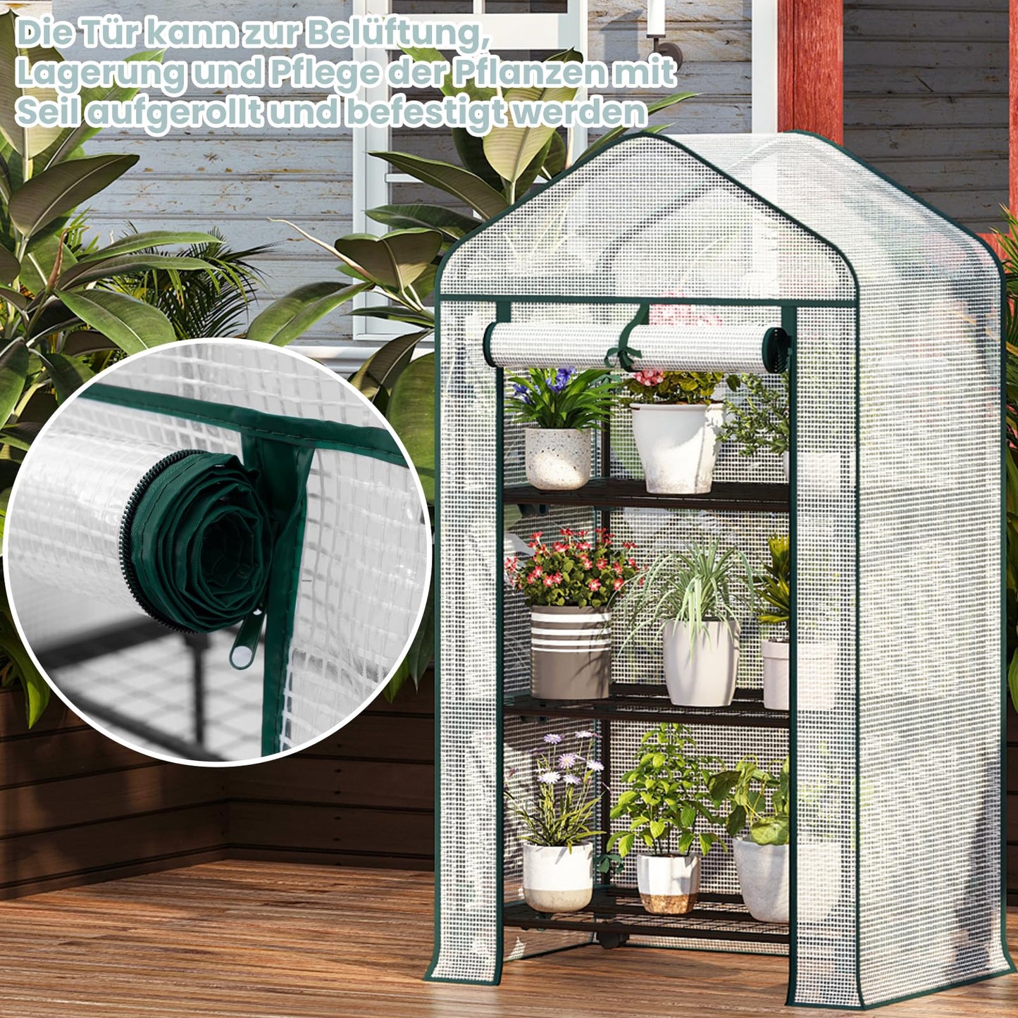 Woltu Foliengewächshaus – auf Rädern – 3 Ablagen – 70 x 50 x 131 cm – halbtransparent, weiß