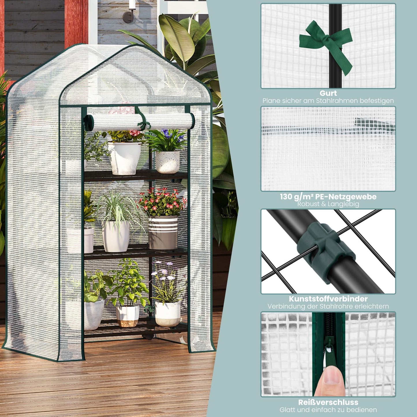 Woltu Foliengewächshaus – auf Rädern – 3 Ablagen – 70 x 50 x 131 cm – halbtransparent, weiß