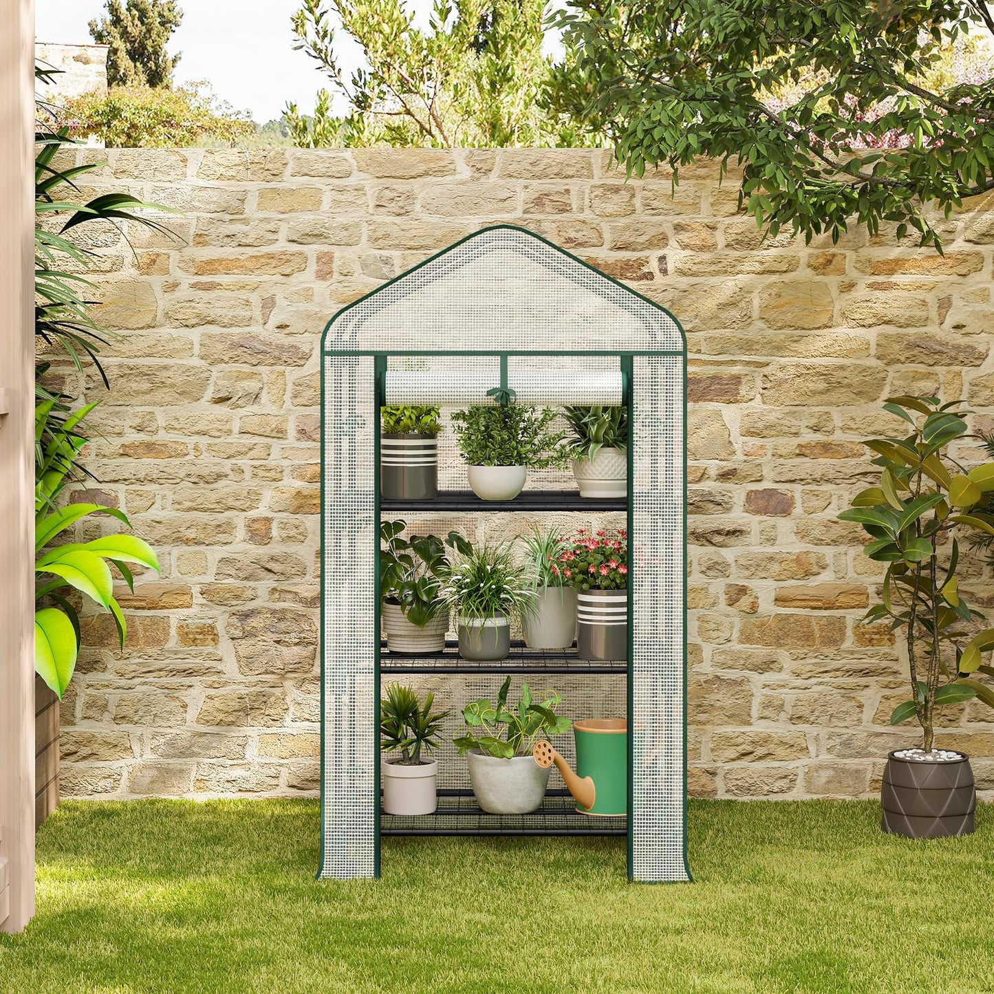 Woltu Foliengewächshaus – auf Rädern – 3 Ablagen – 70 x 50 x 131 cm – halbtransparent, weiß