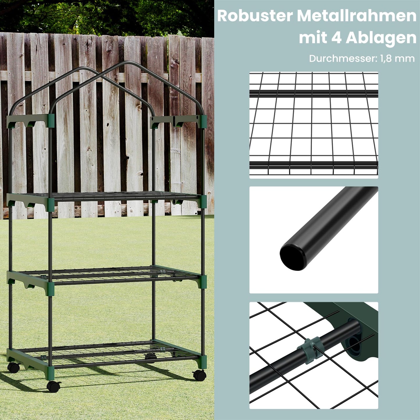Woltu Foliengewächshaus – auf Rädern – 3 Ablagen – 70 x 50 x 131 cm – halbtransparent, weiß