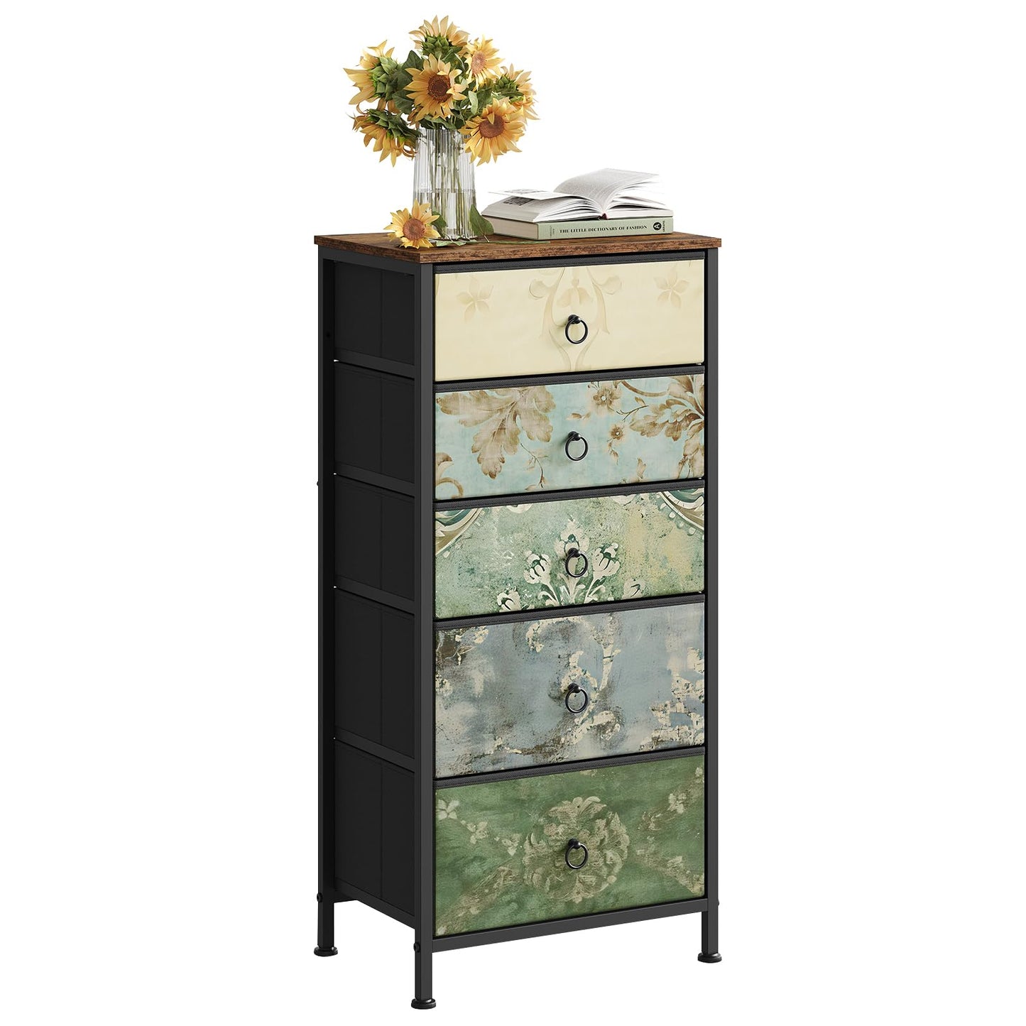Woltu Kommode – 5 Stoffschubladen – Sideboard – 45,5 x 95,5 x 30 cm – Rustikales Braun