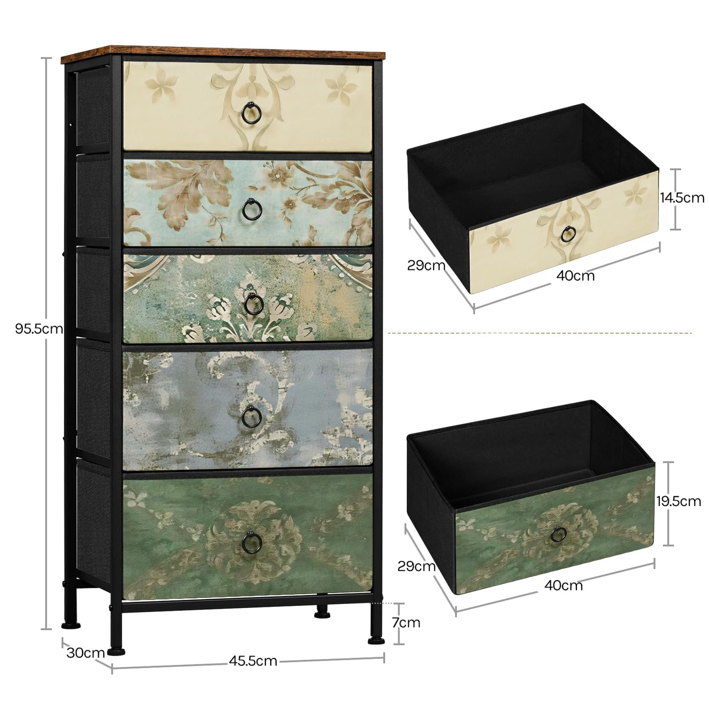 Woltu Kommode – 5 Stoffschubladen – Sideboard – 45,5 x 95,5 x 30 cm – Rustikales Braun