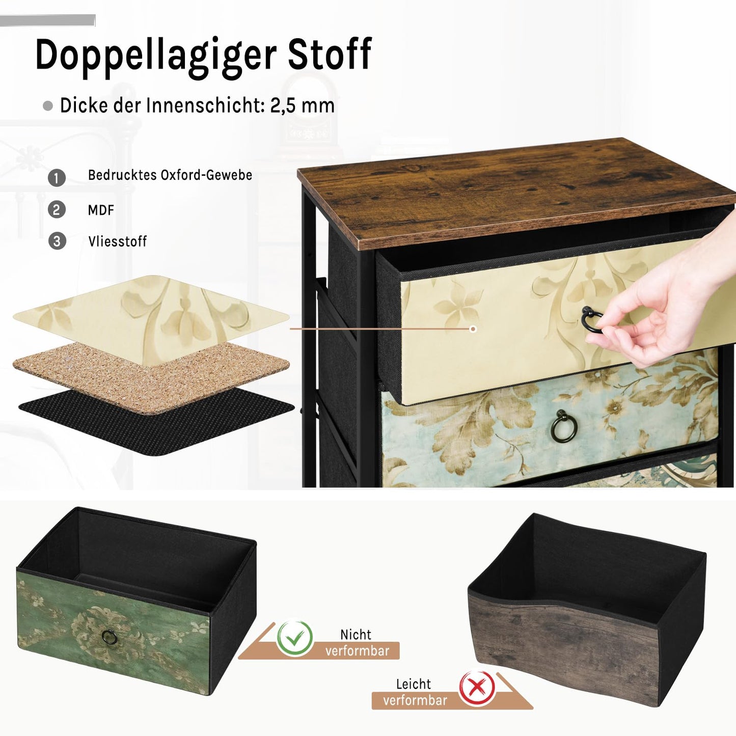 Woltu Kommode – 5 Stoffschubladen – Sideboard – 45,5 x 95,5 x 30 cm – Rustikales Braun