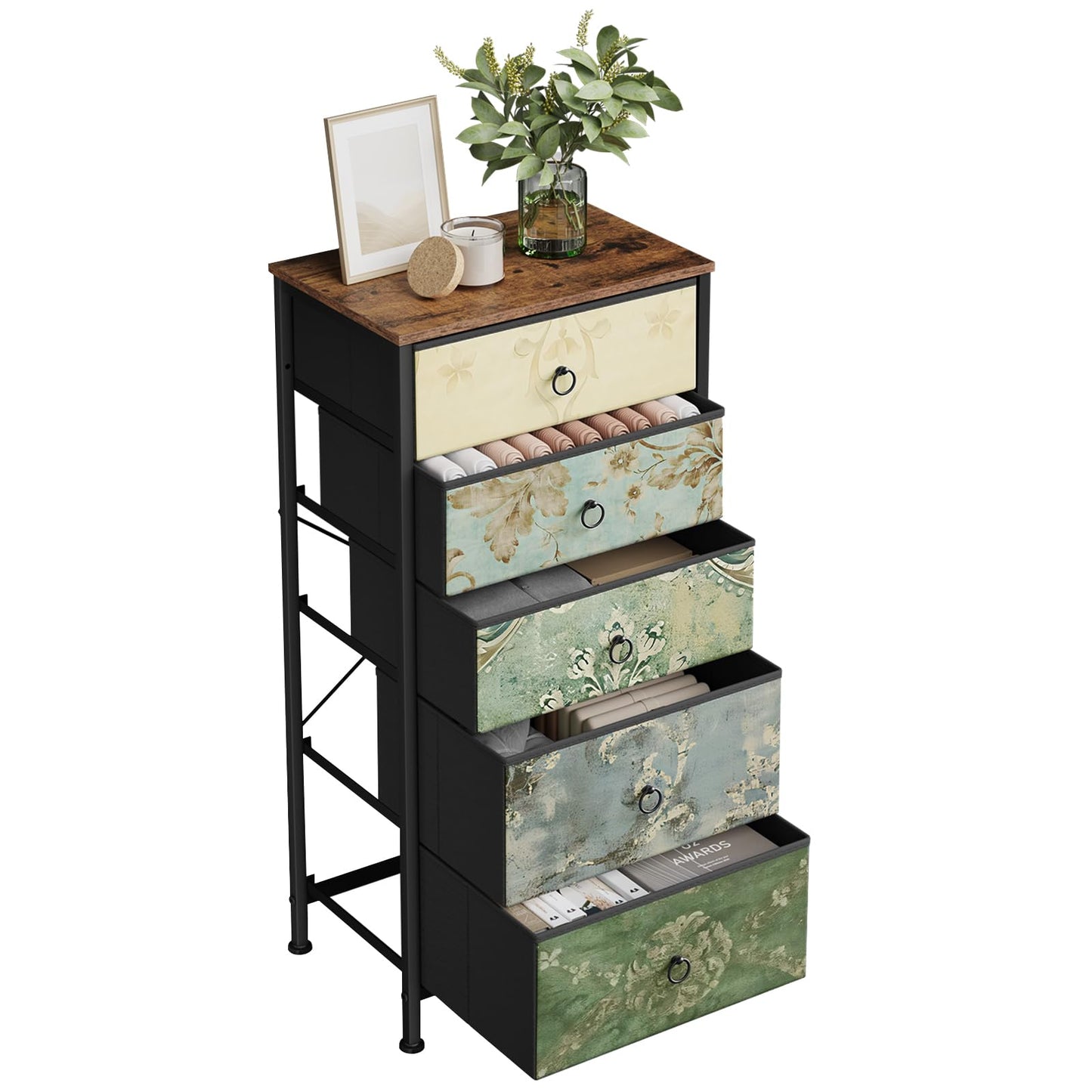 Woltu Kommode – 5 Stoffschubladen – Sideboard – 45,5 x 95,5 x 30 cm – Rustikales Braun