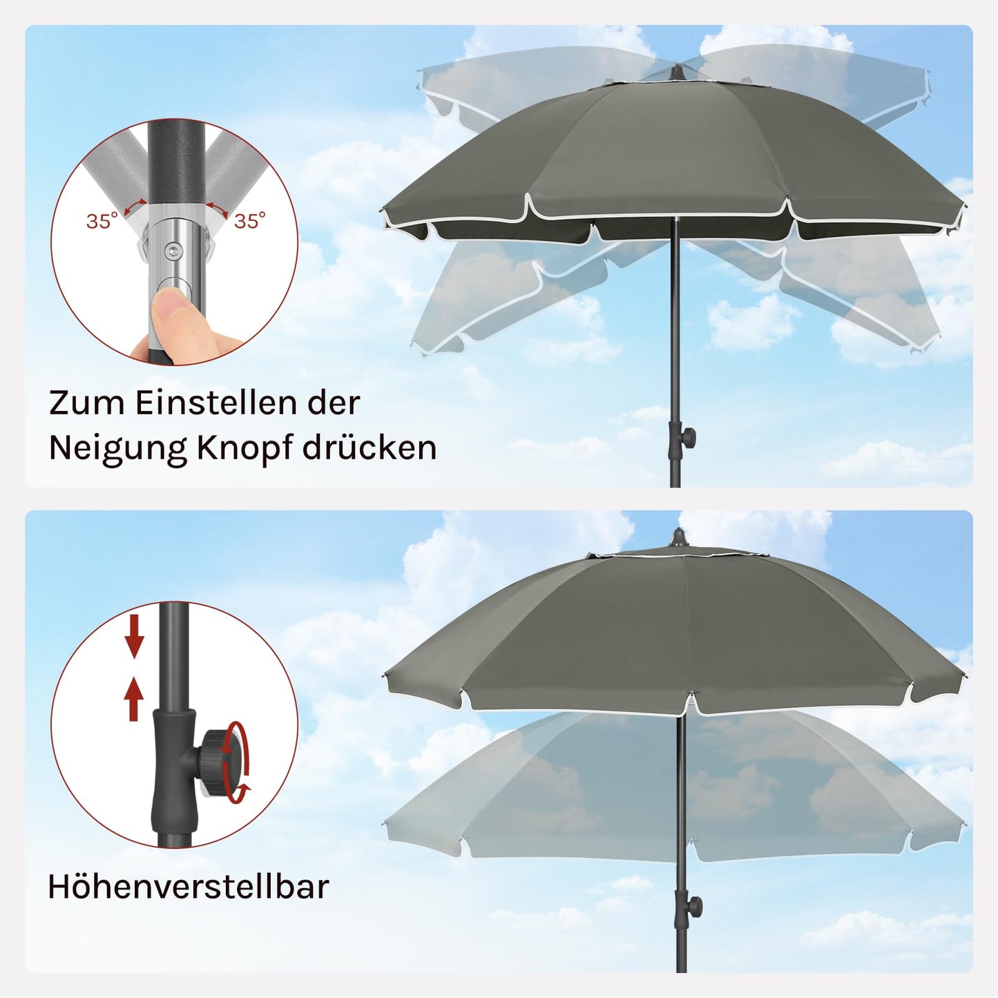 Woltu Balkon-Sonnenschirm – Rund – 155 cm – UPF 50+ – Neigbar – Verstellbar – Dunkelgrau