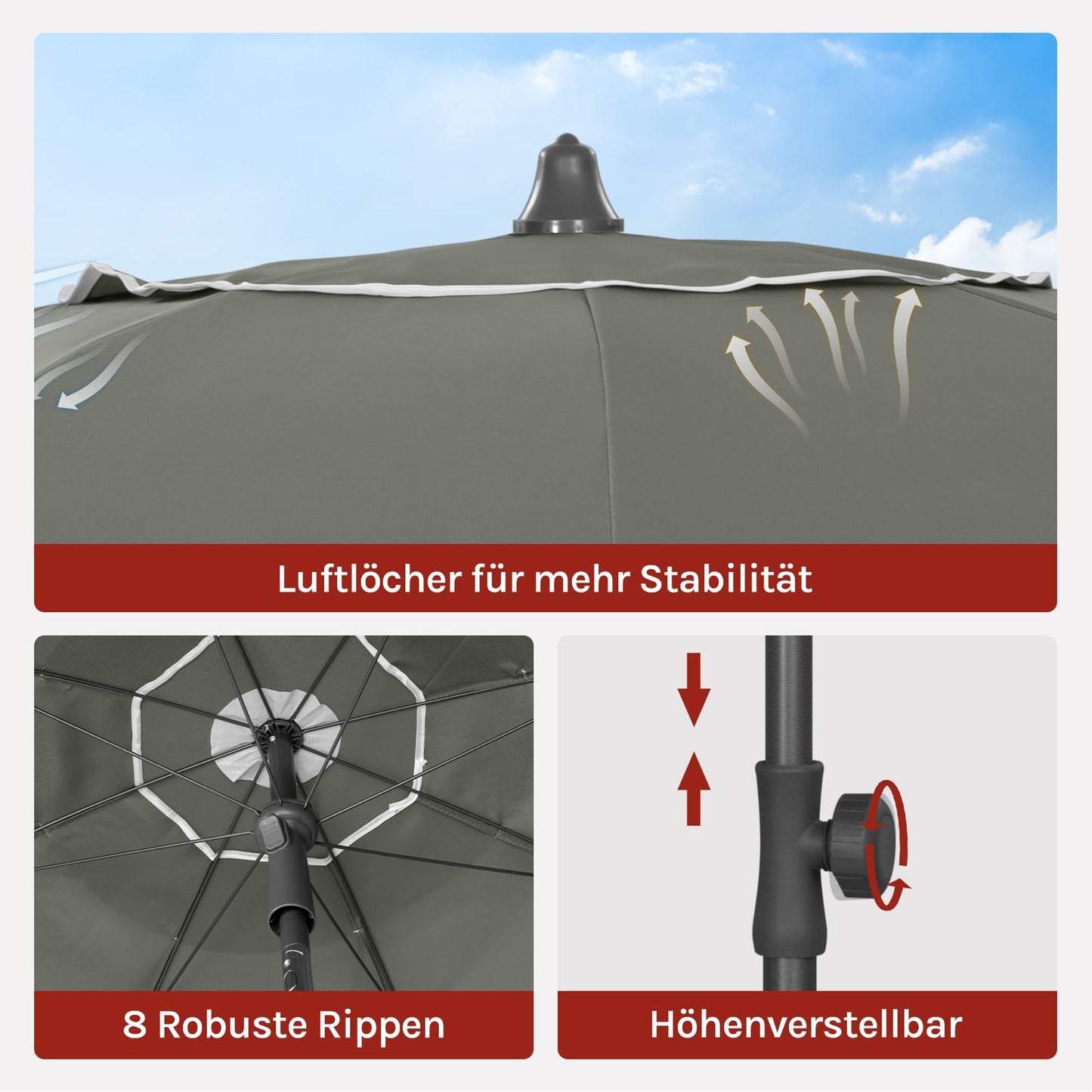 Woltu Balkon-Sonnenschirm – Rund – 155 cm – UPF 50+ – Neigbar – Verstellbar – Dunkelgrau