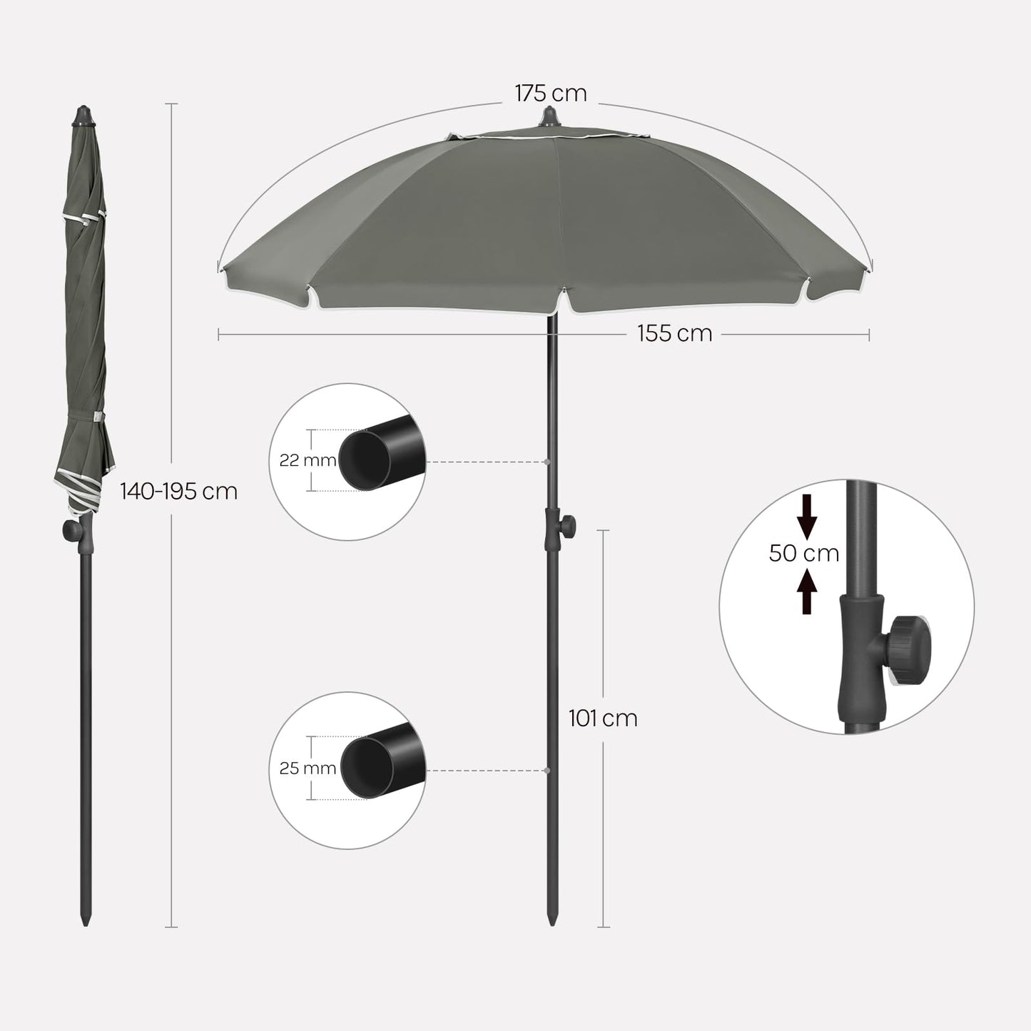 Woltu Balkon-Sonnenschirm – Rund – 155 cm – UPF 50+ – Neigbar – Verstellbar – Dunkelgrau
