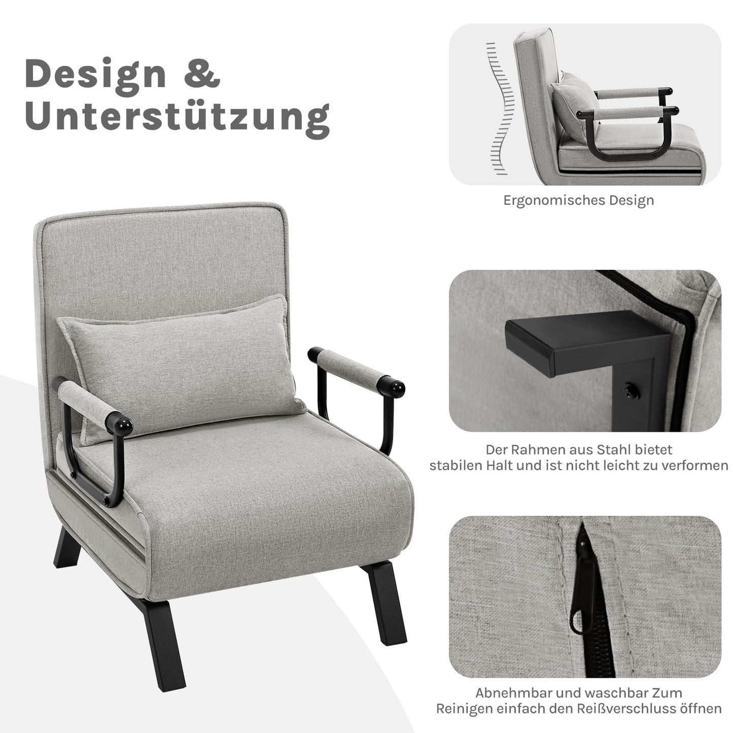 Woltu Schlafsessel – 3-in-1 – Verstellbare Rückenlehne – Leinen – 65 x 78 x 75 cm – Hellgrau
