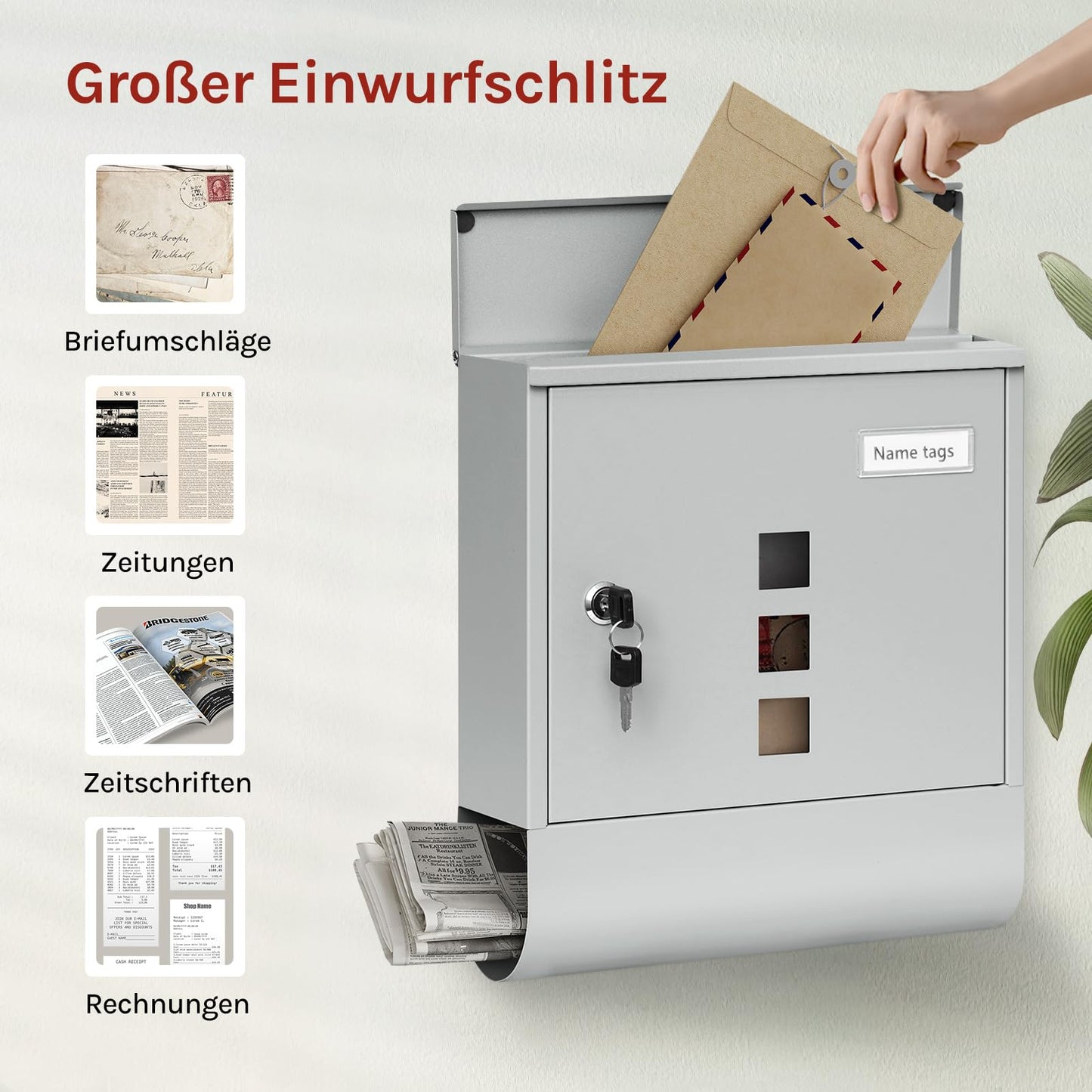Woltu Wandbriefkasten – 30,5 x 33,5 x 9 cm – abschließbar – Zeitungsfach – grau