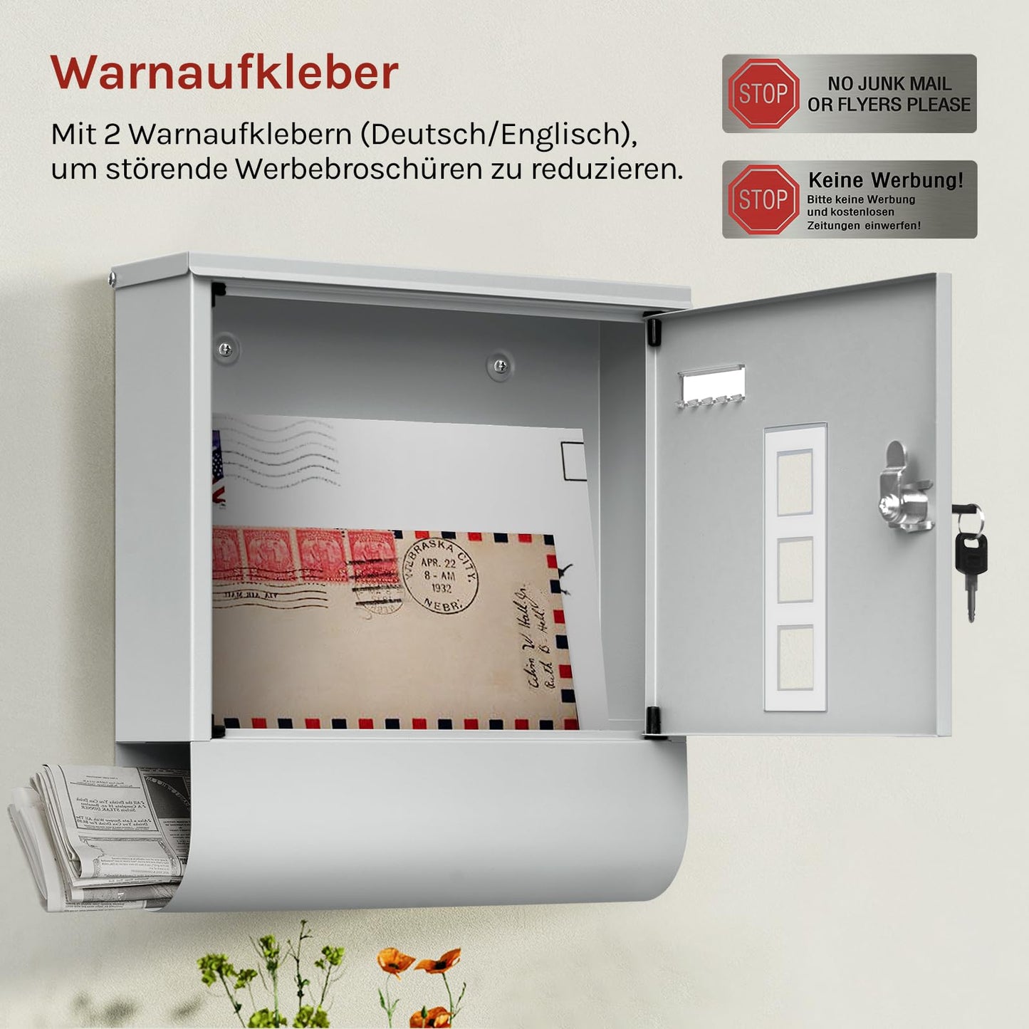 Woltu Wandbriefkasten – 30,5 x 33,5 x 9 cm – abschließbar – Zeitungsfach – grau