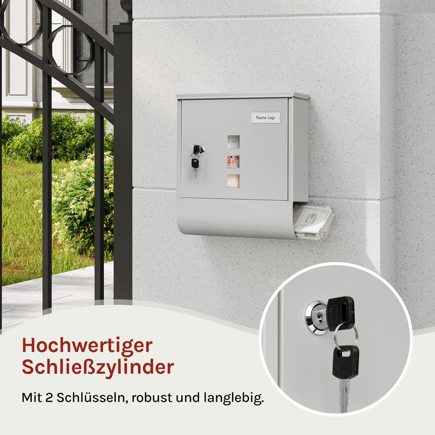 Woltu Wandbriefkasten – 30,5 x 33,5 x 9 cm – abschließbar – Zeitungsfach – grau