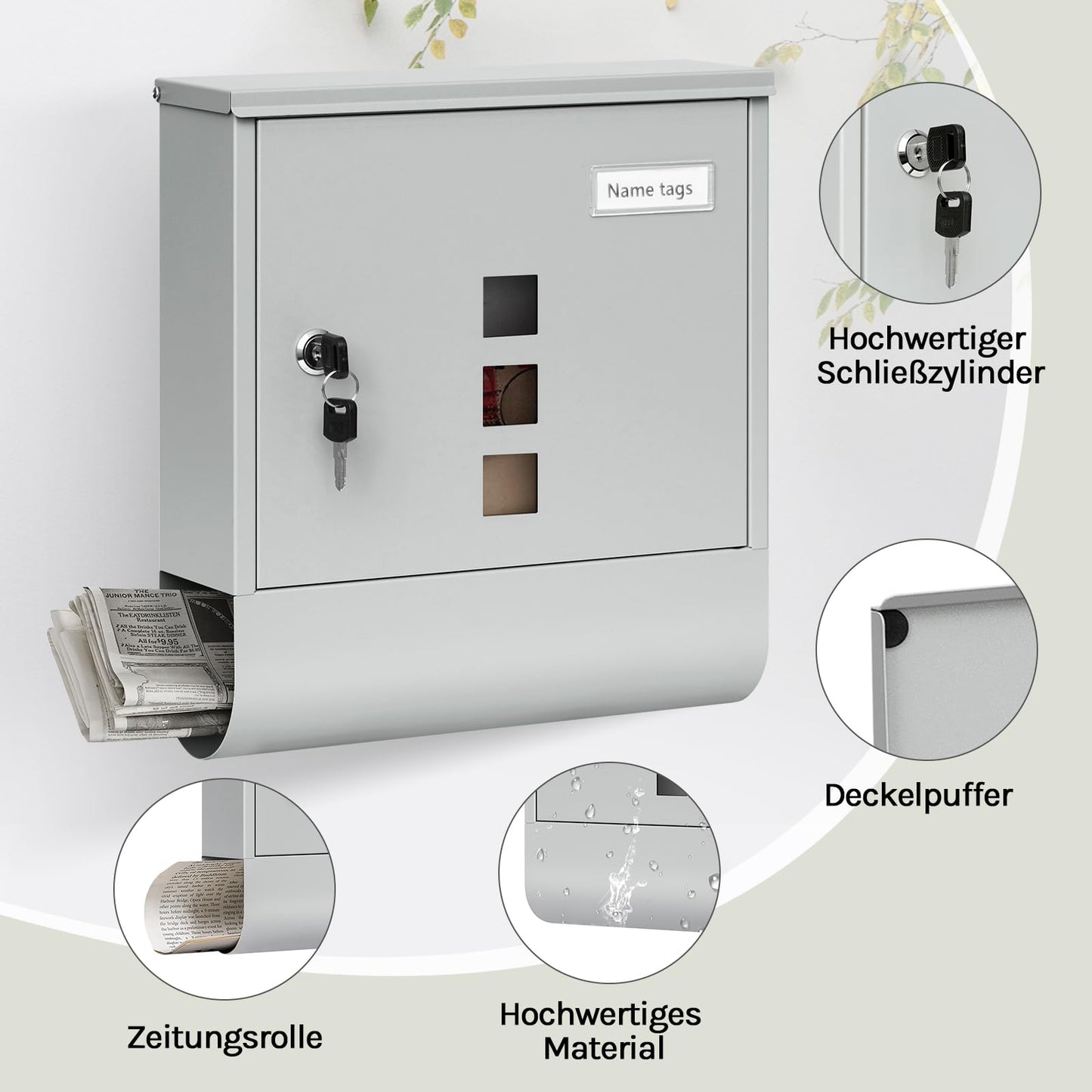 Woltu Wandbriefkasten – 30,5 x 33,5 x 9 cm – abschließbar – Zeitungsfach – grau