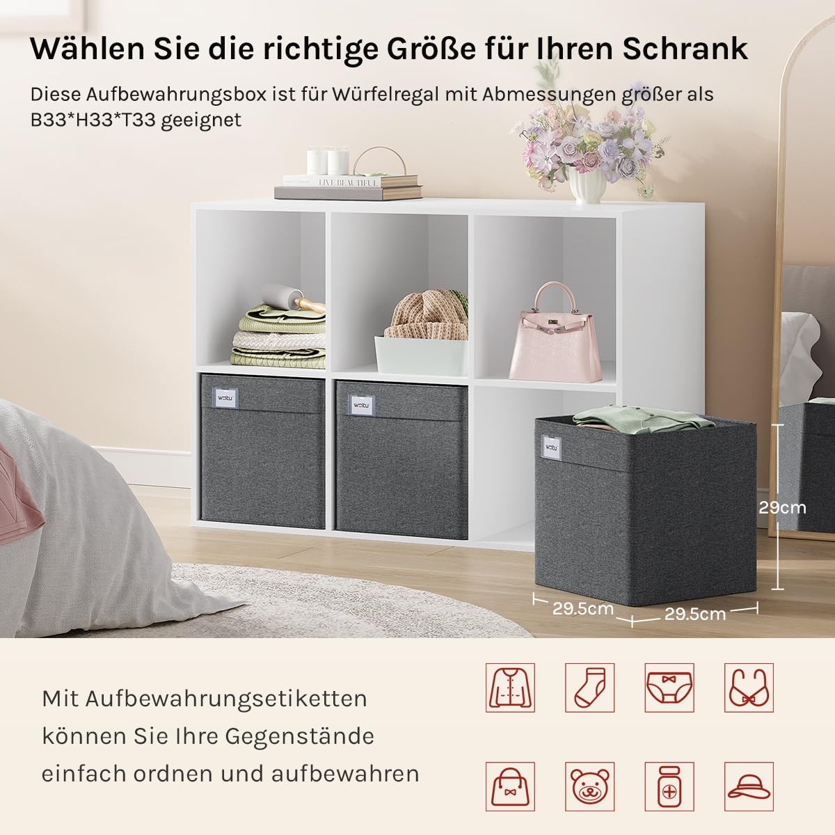 Woltu Aufbewahrungsboxen – 3 Stück – 29 x 29 x 29 cm – zusammenklappbar – Dunkelgrau