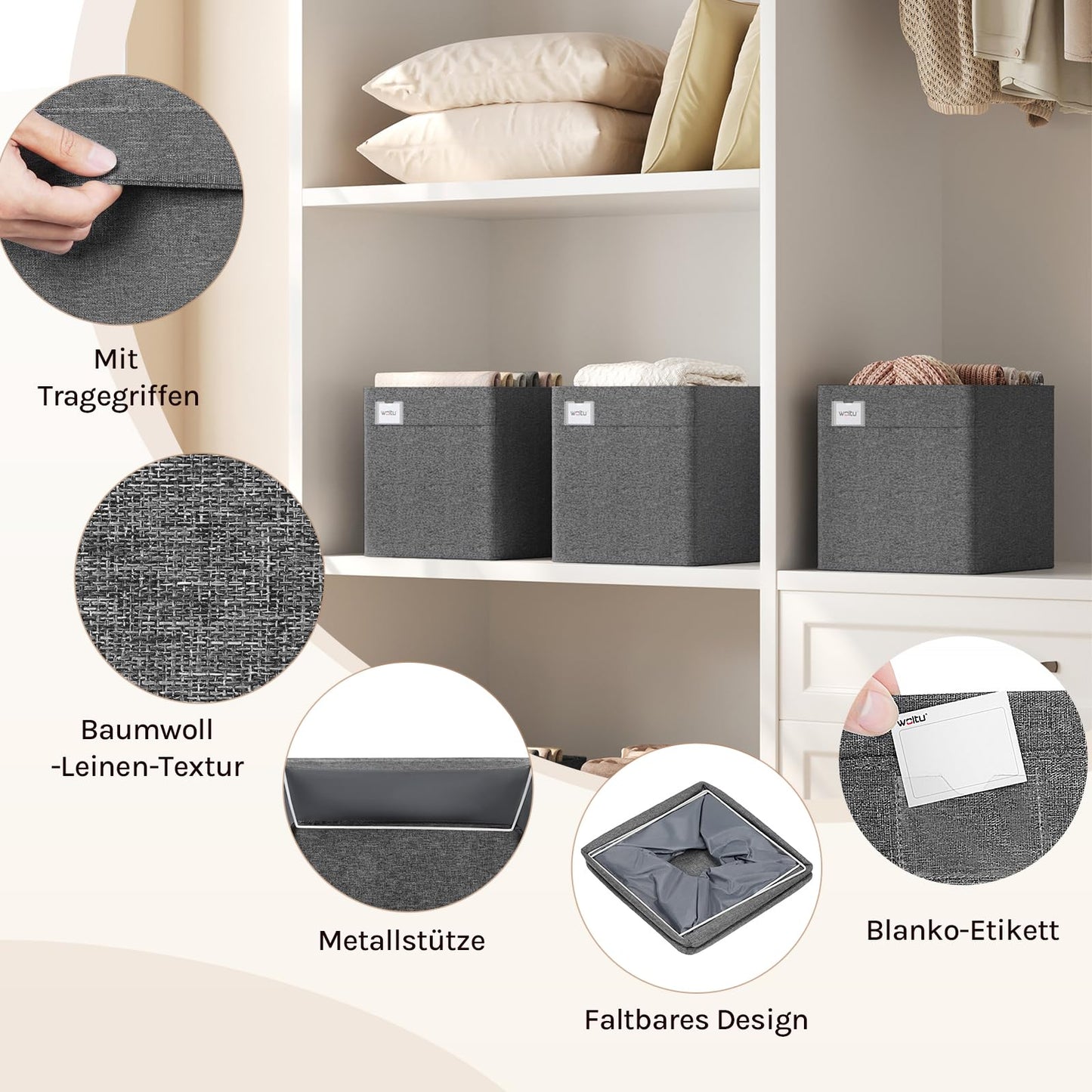 Woltu Aufbewahrungsboxen – 3 Stück – 29 x 29 x 29 cm – zusammenklappbar – Dunkelgrau