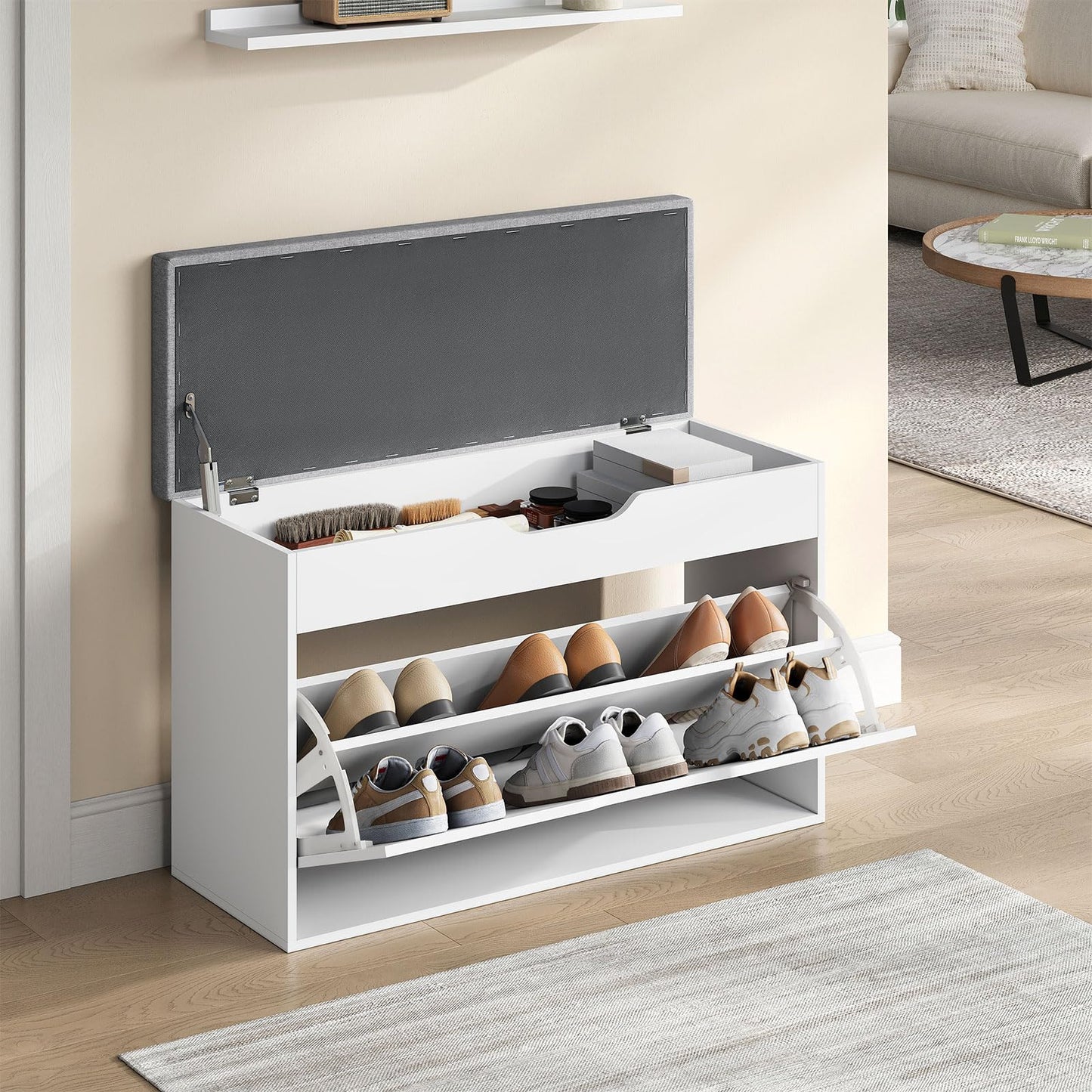 Woltu Schuhbank – 80 x 51 x 30 cm – 2 Ebenen – Sitzkissen – Weiß/Hellgrau