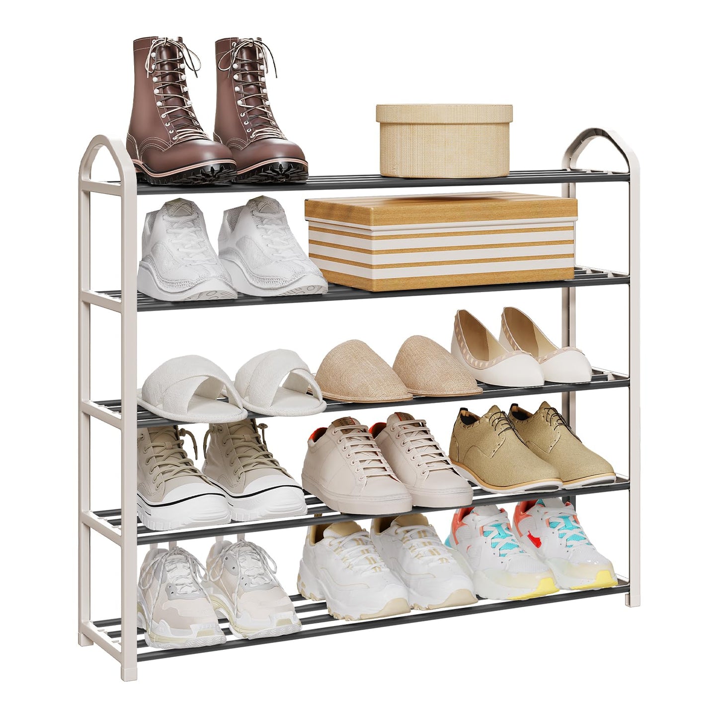 Woltu Schuhregal – 79 x 75 x 18,5 cm – 5 Ebenen – Tragegriff – Grau/Creme