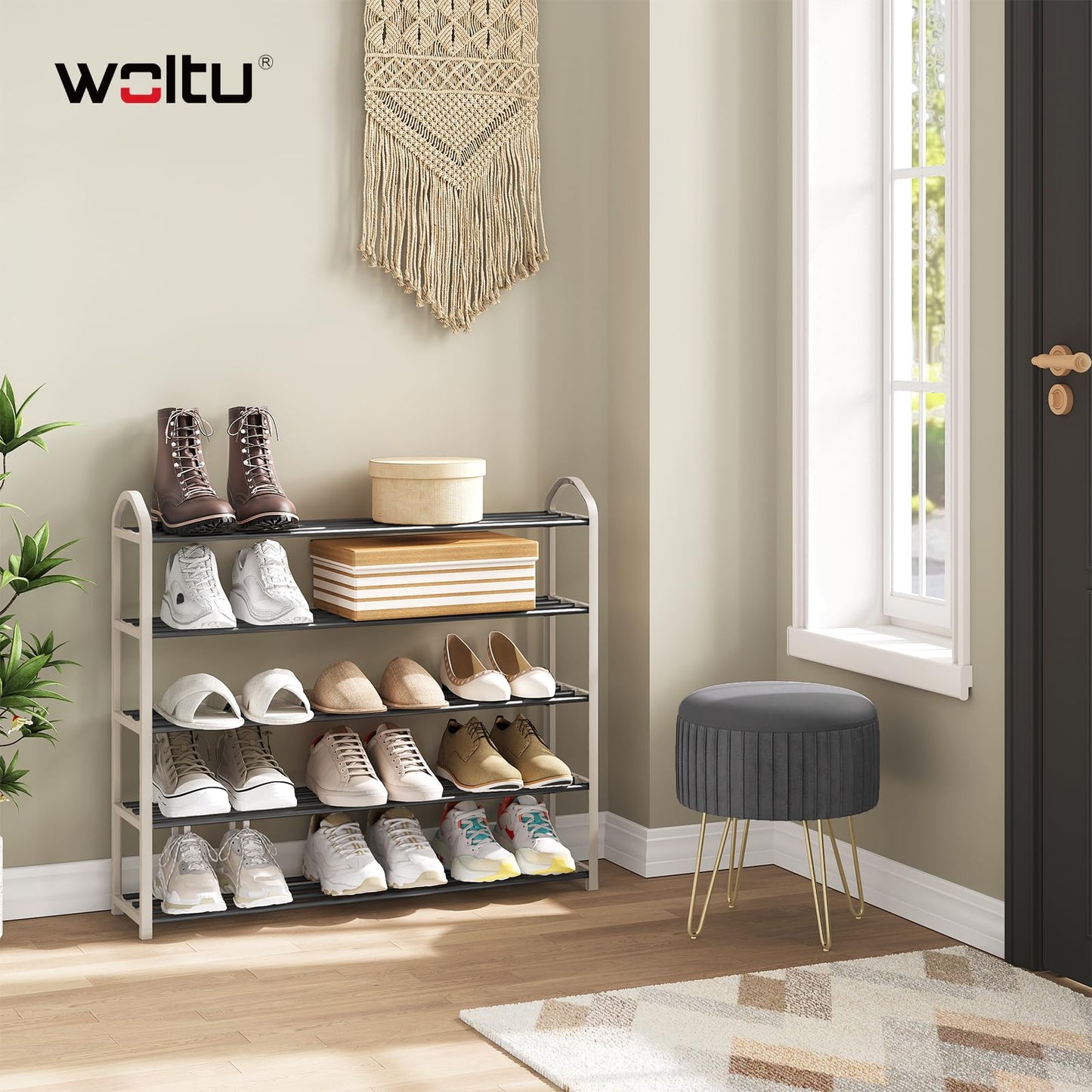Woltu Schuhregal – 79 x 75 x 18,5 cm – 5 Ebenen – Tragegriff – Grau/Creme