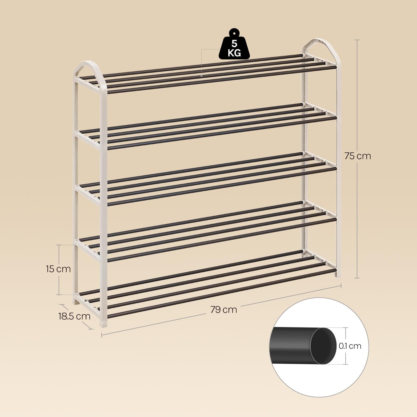 Woltu Schuhregal – 79 x 75 x 18,5 cm – 5 Ebenen – Tragegriff – Grau/Creme