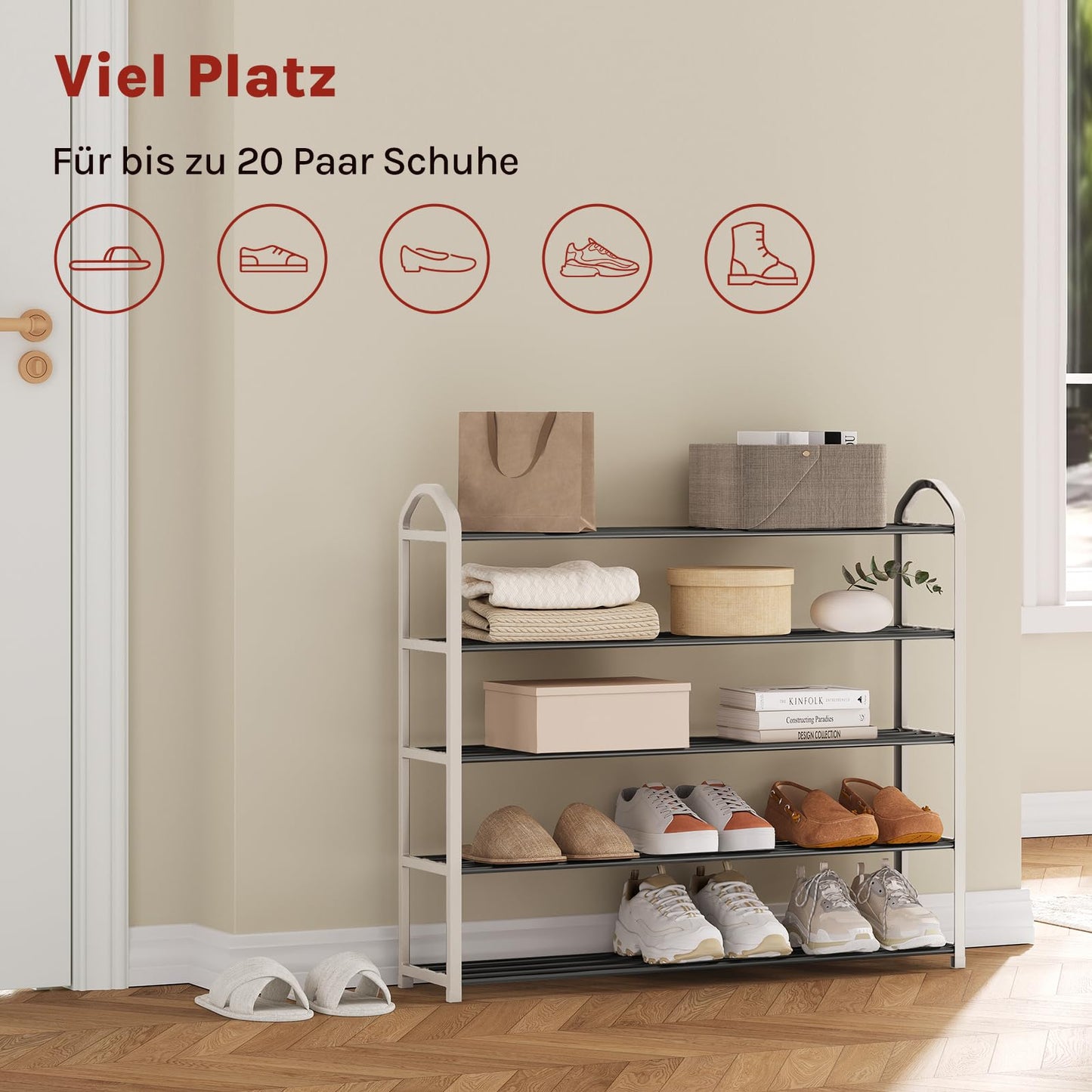 Woltu Schuhregal – 79 x 75 x 18,5 cm – 5 Ebenen – Tragegriff – Grau/Creme
